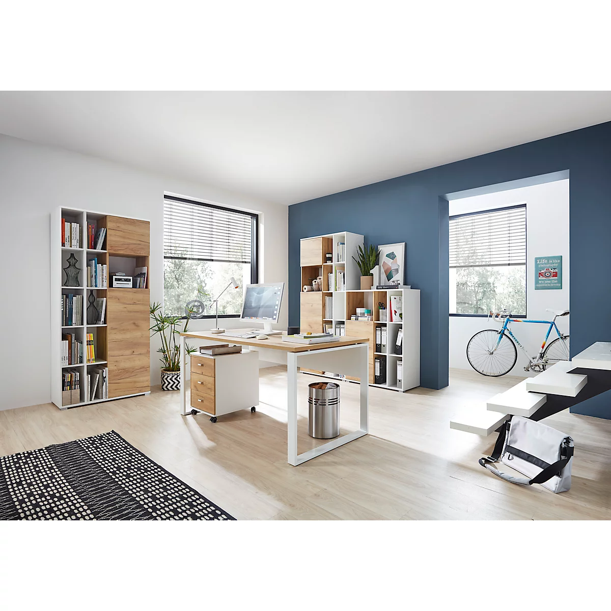 Caisson mobile LIONI - en bois - 3 tiroirs - L 400 x P 490 x H 570 mm - blanc et décor chêne Navarra