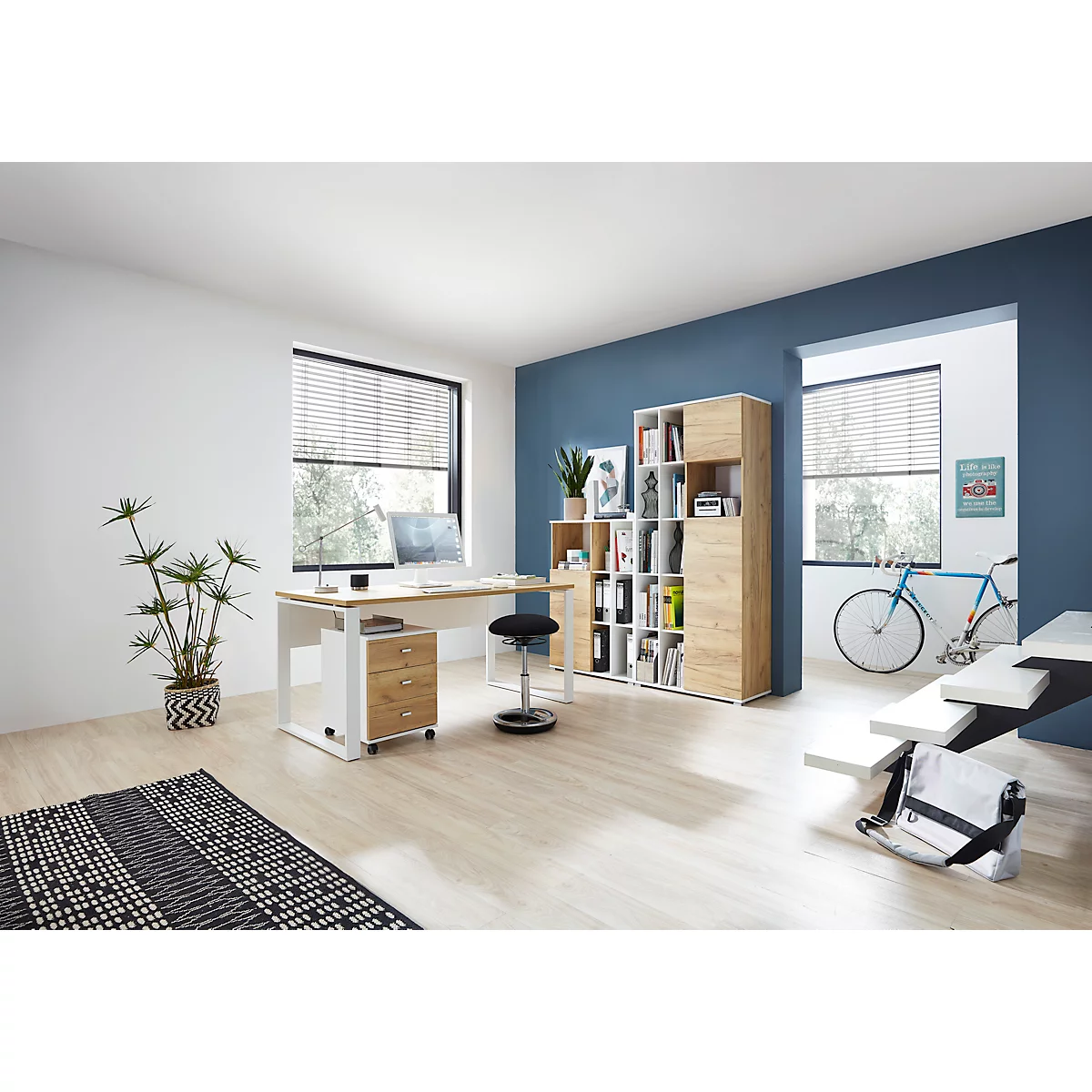 Caisson mobile LIONI - en bois - 3 tiroirs - L 400 x P 490 x H 570 mm - blanc et décor chêne Navarra