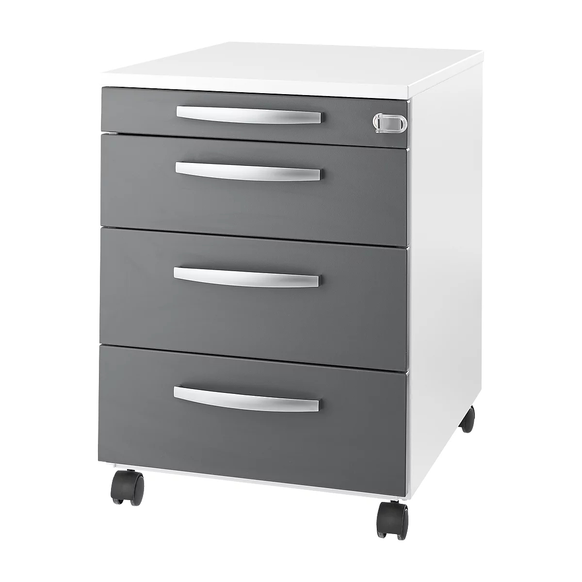 Caisson mobile LOGIN - 3 tiroirs et 1 tiroir à ustensiles - L 432 x P 580 x H 595 mm - verrouillage central - blanc/graphite - notre marque Schäfer Shop Select 