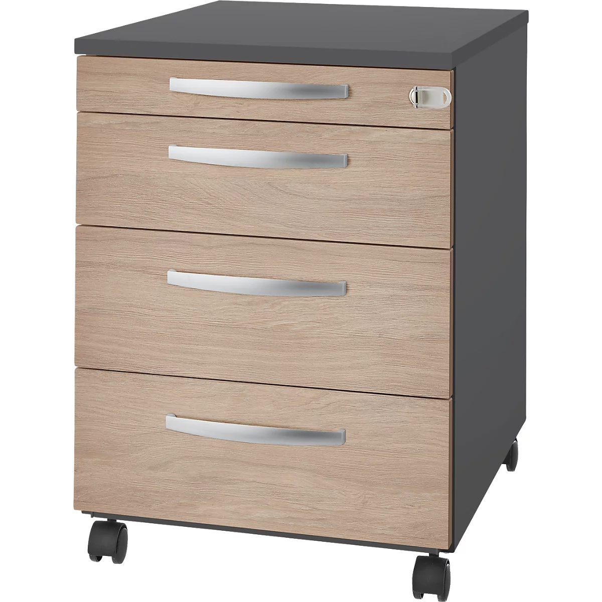 Caisson mobile LOGIN - 3 tiroirs et 1 tiroir à ustensiles - L 432 x P 580 x H 595 mm - verrouillage central - graphite/chêne - notre marque Schäfer Shop Select 