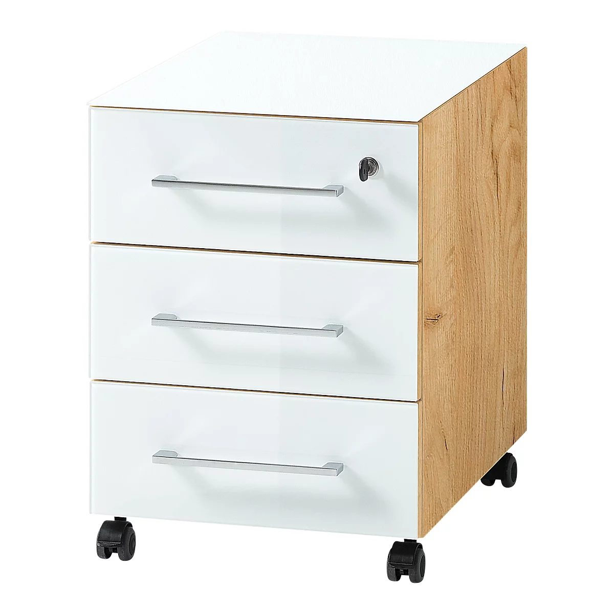 Caisson mobile MONTERIA, 3 tiroirs avec mécanisme de fermeture automatique, façade et support en verre, L 400 x P 500 x H 550 mm, chêne de Navarre/blanc