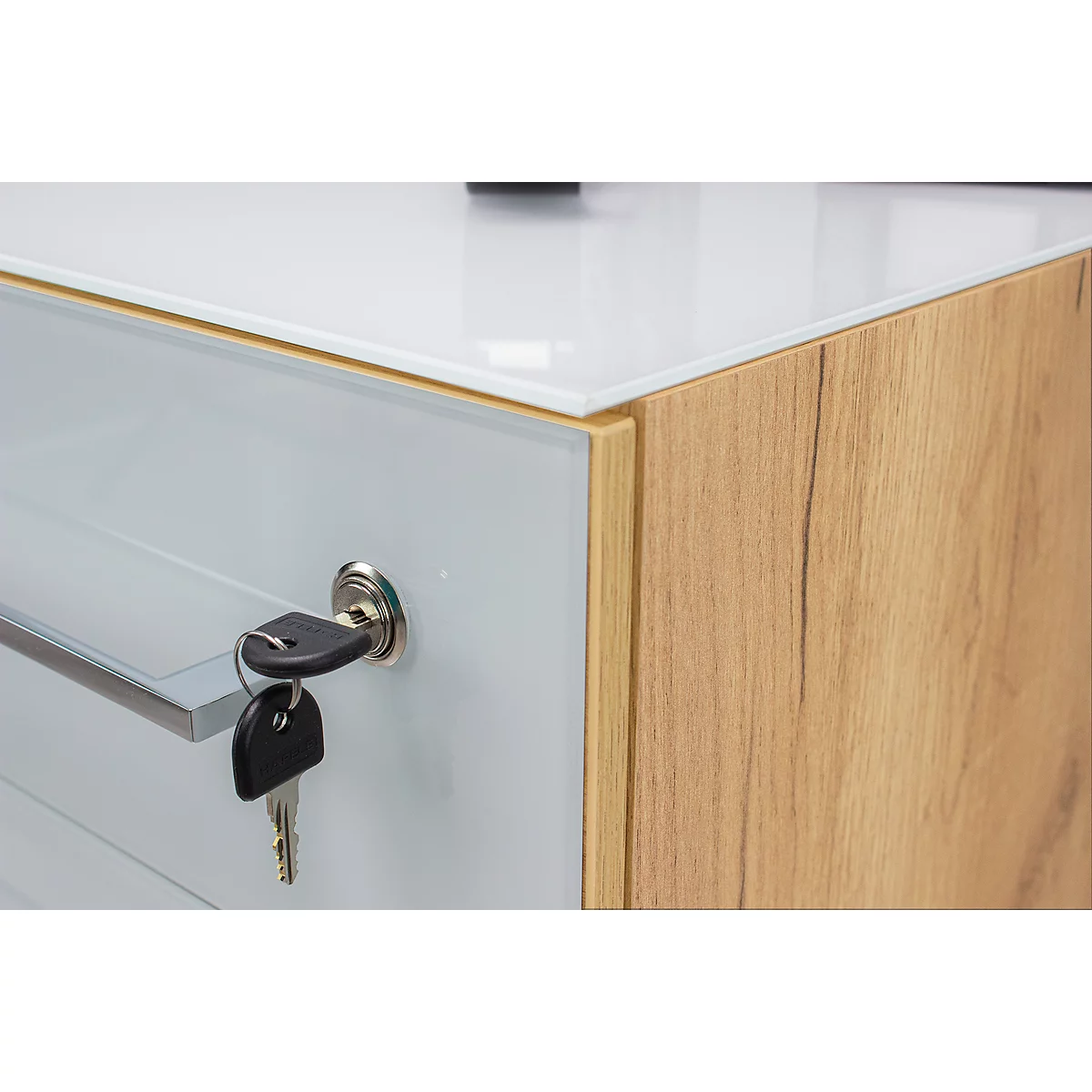 Caisson mobile MONTERIA, 3 tiroirs avec mécanisme de fermeture automatique, façade et support en verre, L 400 x P 500 x H 550 mm, chêne de Navarre/blanc