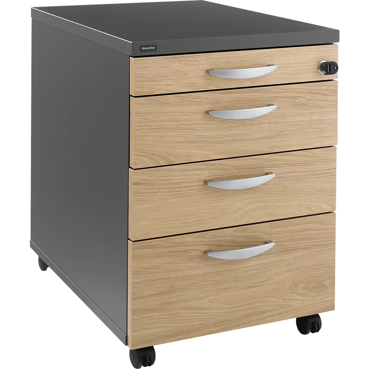 Caisson mobile NEVADA - l. 430 x P 600 x H 600 mm - 3 tiroirs + 1 tiroir plumier - gris foncé et décor chêne