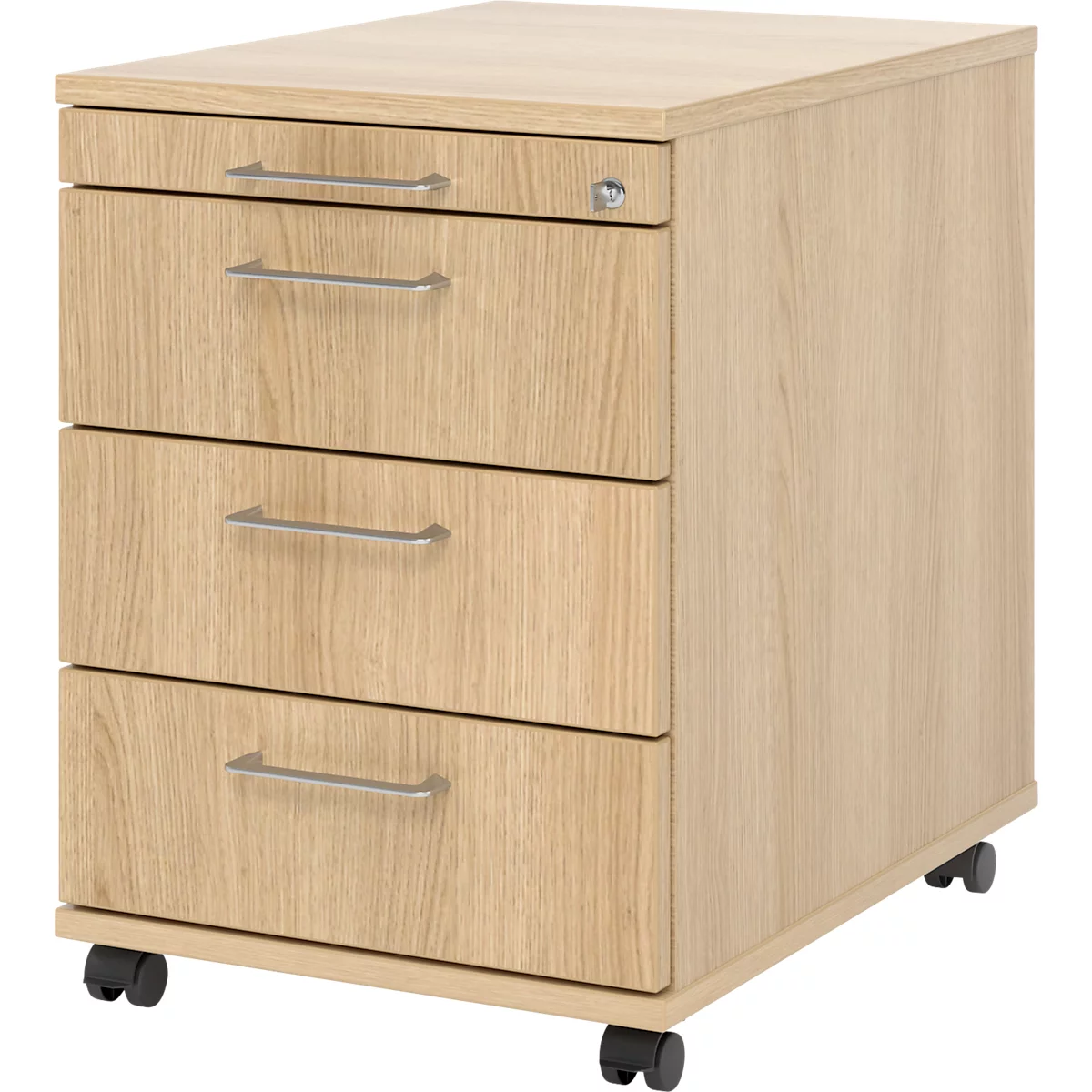 Caisson roulant 1233 Breno, 3 tiroirs &amp; 1 tiroir à ustensiles, verrouillable, L 428 x P 580 x H 590 mm, décor chêne