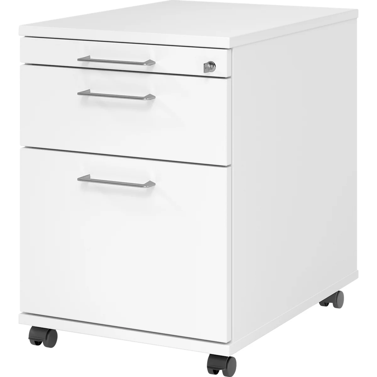 Caisson roulant 126 Breno, 1 tiroir, 1 tirette-plumier &amp; 1 tiroir pour dossiers suspendus, verrouillable, L 428 x P 580 x H 590 mm, blanc