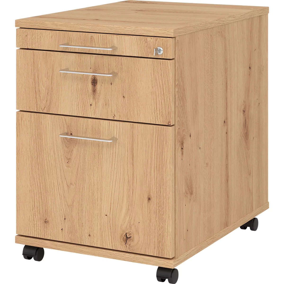 Caisson roulant 126 Breno, 1 tiroir, 1 tirette-plumier &amp; 1 tiroir pour dossiers suspendus, verrouillable, L 428 x P 580 x H 590 mm, chêne cendré
