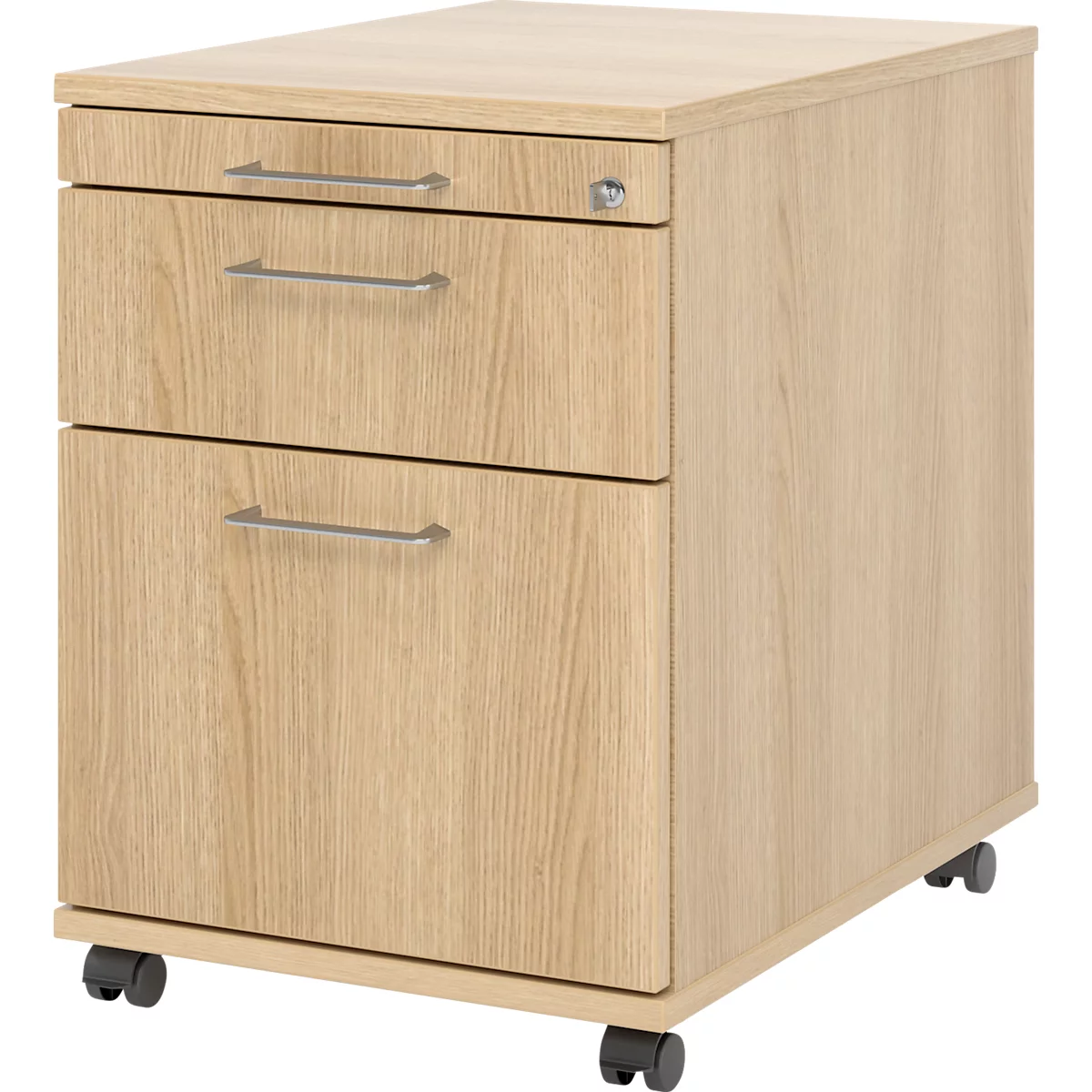 Caisson roulant 126 Breno, 1 tiroir, 1 tirette-plumier &amp; 1 tiroir pour dossiers suspendus, verrouillable, L 428 x P 580 x H 590 mm, décor chêne