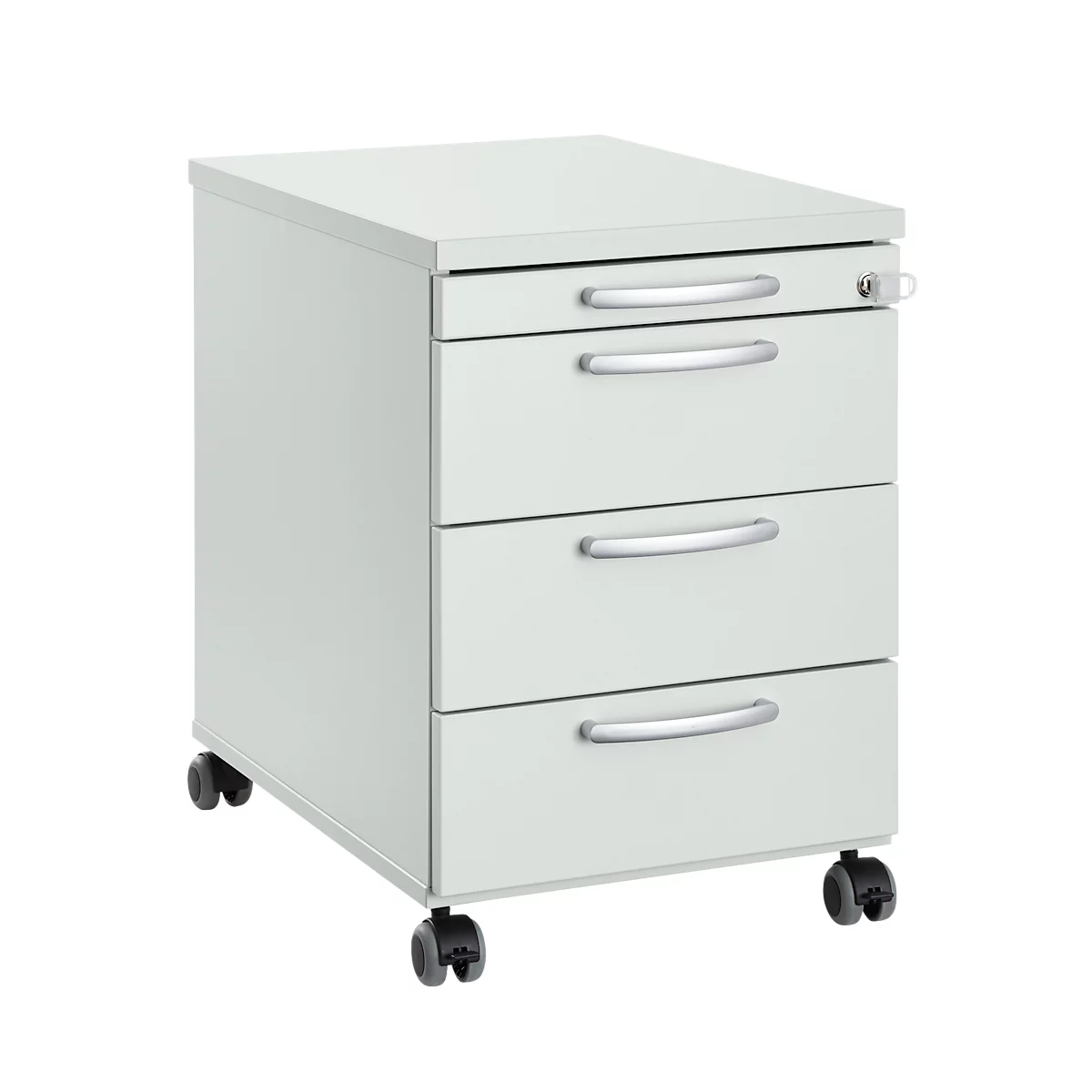 Caisson roulant 1333, 3 tiroirs &amp; 1 tiroir à ustensiles, verrouillable, poignées rondes, bois/acier/plastique, L 434 x P 600 x H 613 mm, gris clair