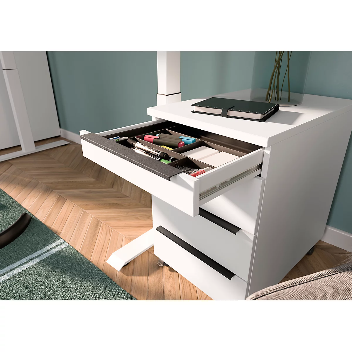 Caisson roulant, 4 tiroirs avec compartiment pour ustensiles, L 420 x P 600 x H 630 mm, blanc