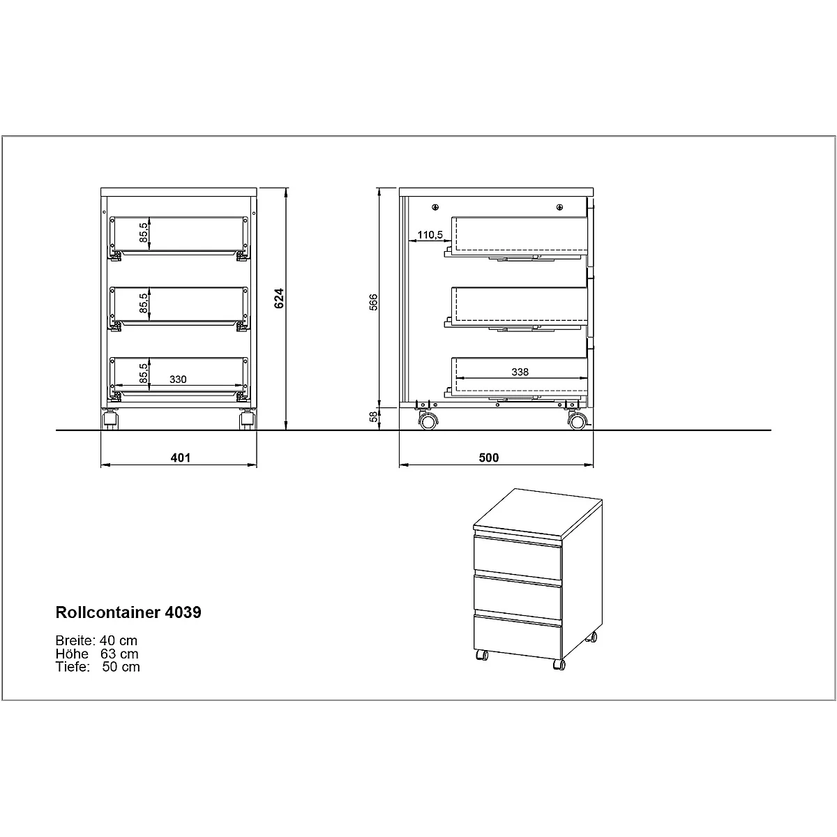 Caisson roulant Aalborg, 3 tiroirs, 10 kg de charge chacun, coulisse à sortie partielle, poignée métallique, blocable, L 400 x P 500 x H 630 mm, cachemire