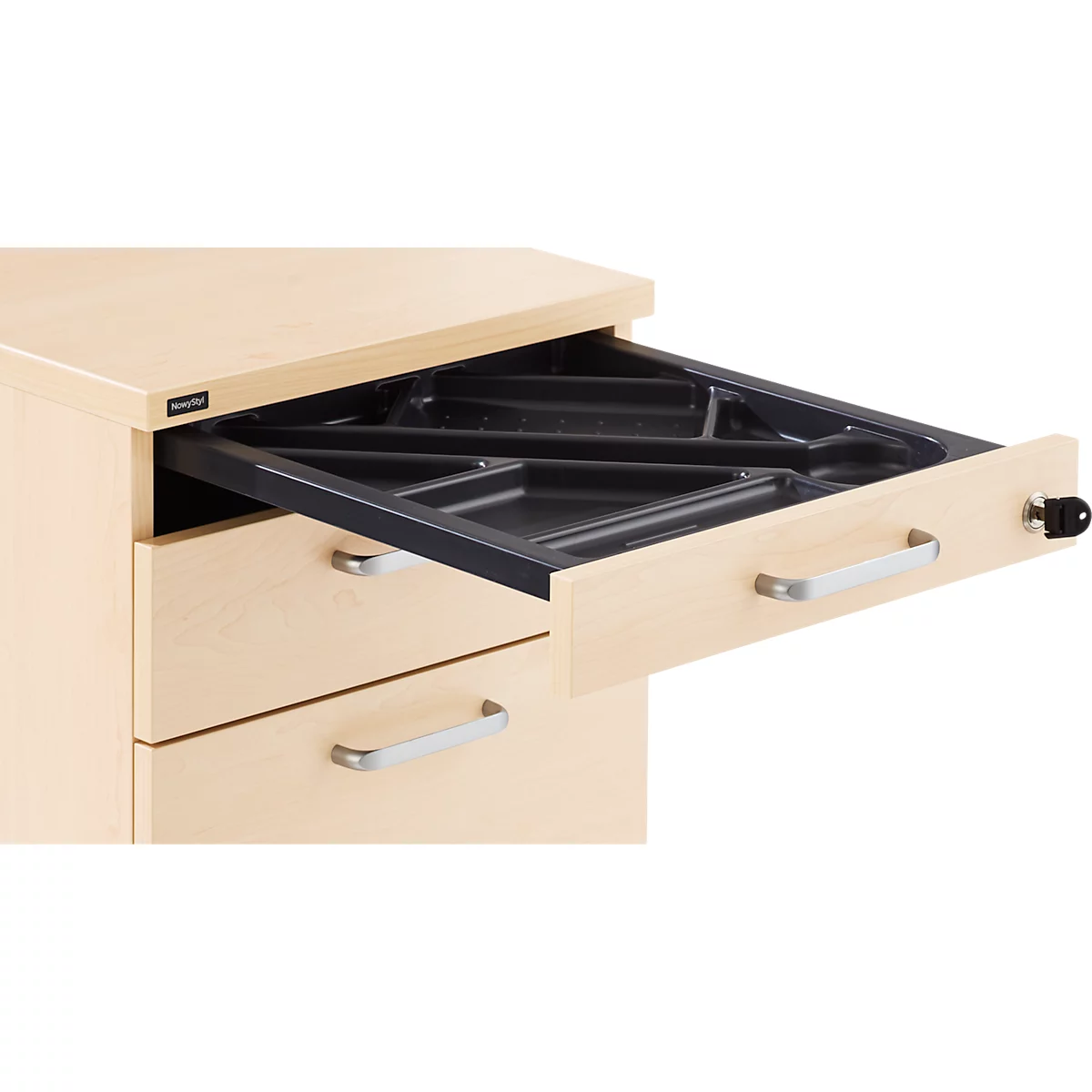 Caisson roulant BEXXSTAR, 1 tirette-plumier verrouillable, 1 tiroir &amp; 1 tiroir HR, L 430 x P 600 x H 600 mm, décor érable