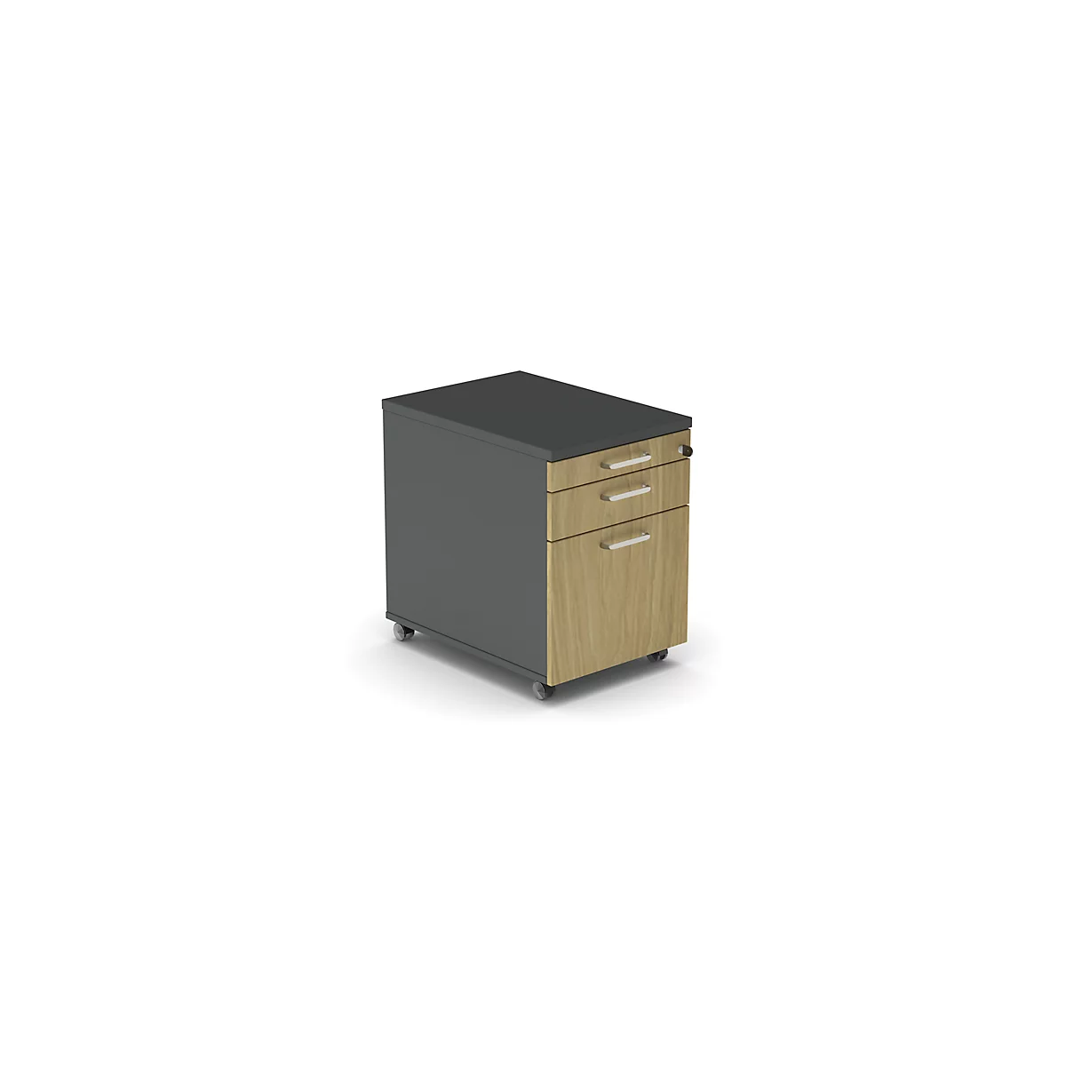 Caisson roulant BEXXSTAR, 1 tirette-plumier verrouillable, 1 tiroir &amp; 1 tiroir HR, L 430 x P 600 x H 600 mm, gris foncé/décor chêne