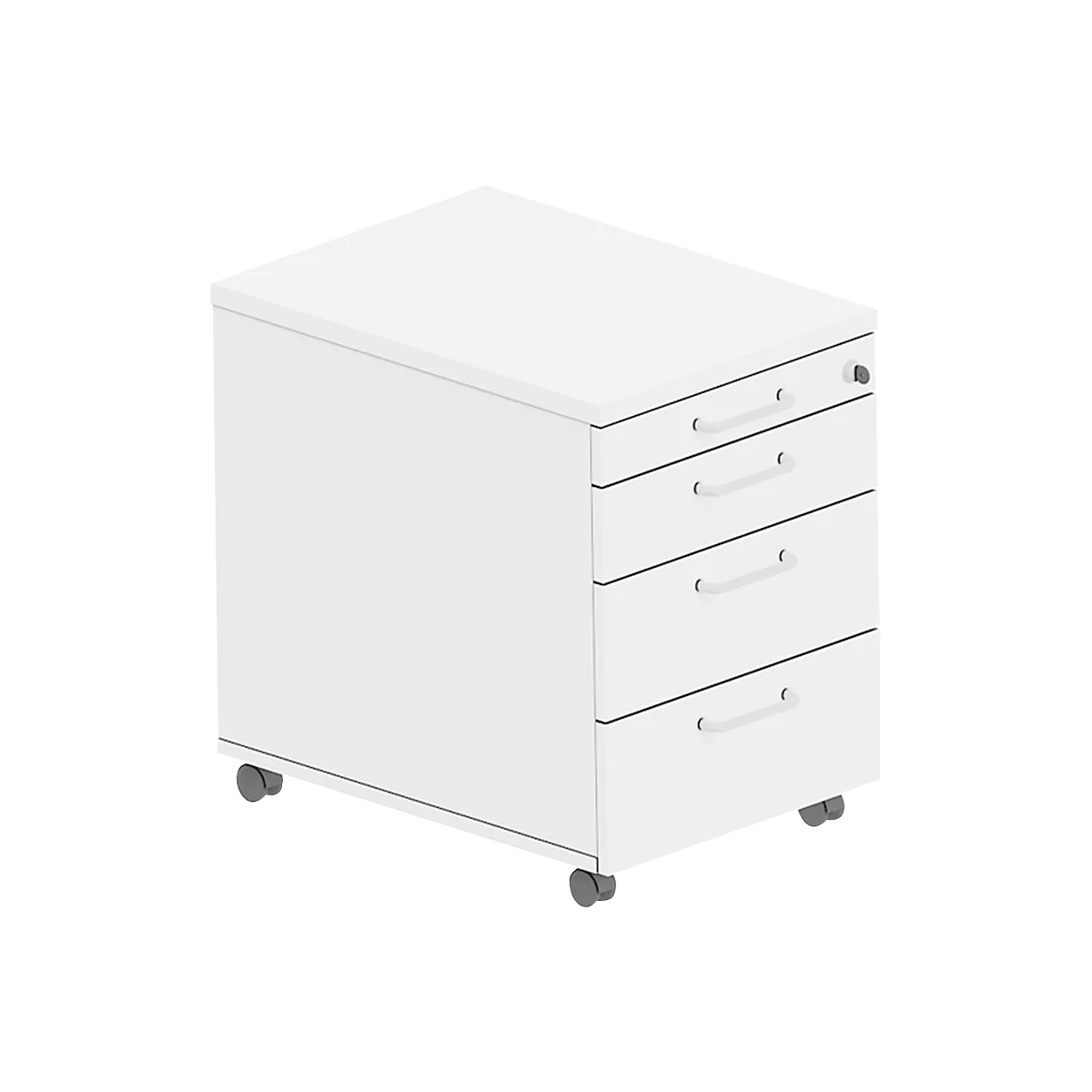 Caisson roulant BEXXSTAR, 1 tirette-plumier verrouillable &amp; 3 tiroirs, L 430 x P 600 x H 600 mm, blanc