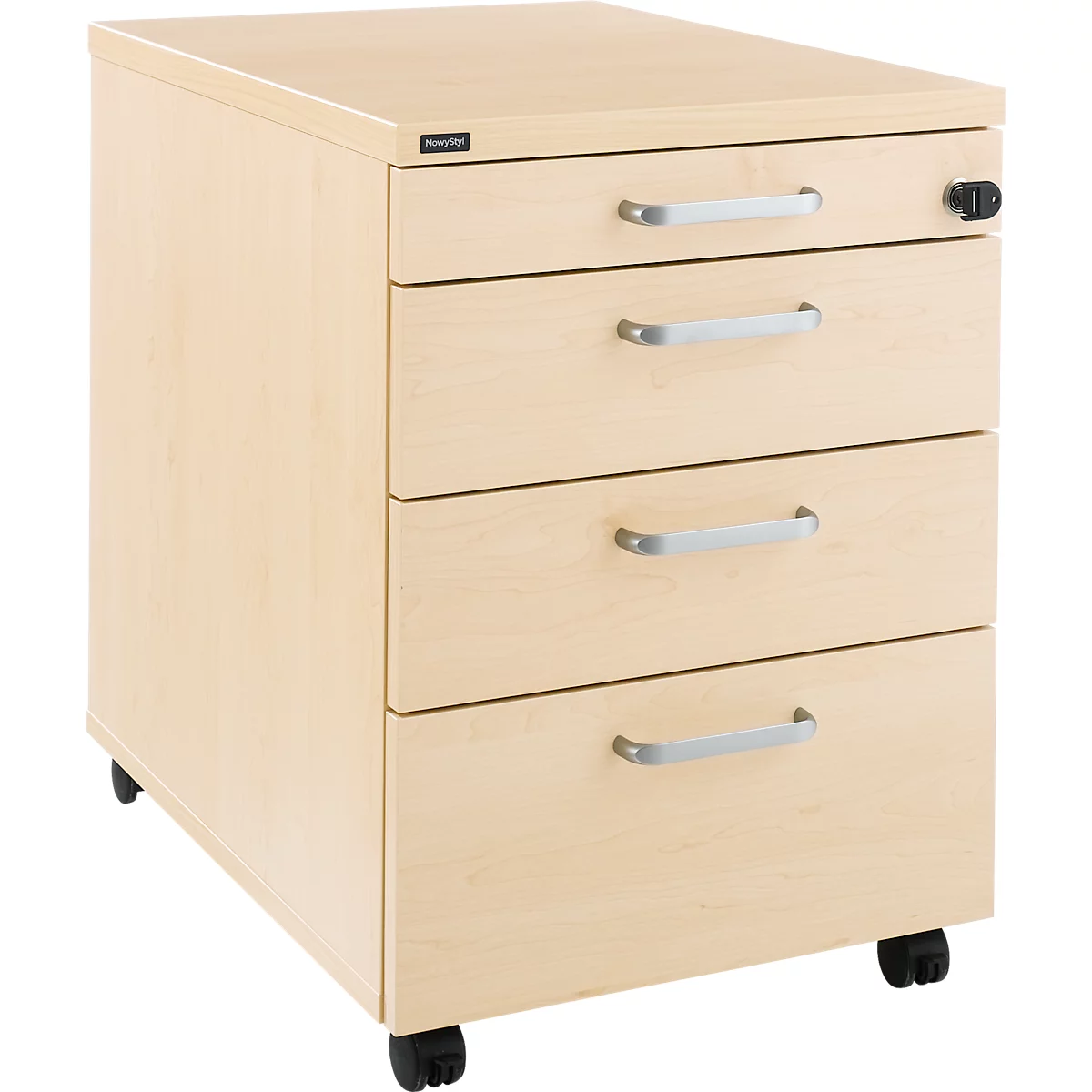 Caisson roulant BEXXSTAR, 1 tirette-plumier verrouillable &amp; 3 tiroirs, L 430 x P 600 x H 600 mm, décor érable