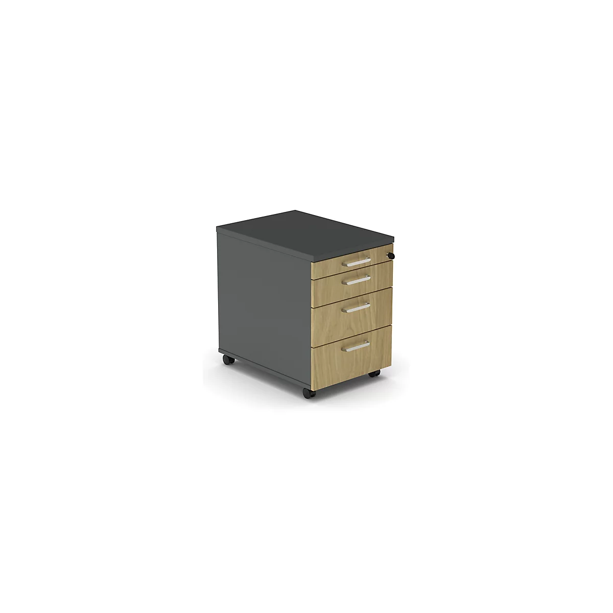 Caisson roulant BEXXSTAR, 1 tirette-plumier verrouillable &amp; 3 tiroirs, L 430 x P 600 x H 600 mm, gris foncé/décor chêne