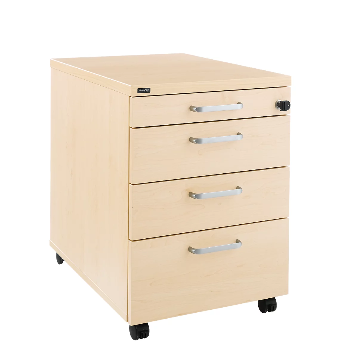 Caisson roulant BEXXSTAR, 1 tirette-plumier verrouillable &amp; 3 tiroirs, L 430 x P 800 x H 600 mm, décor érable