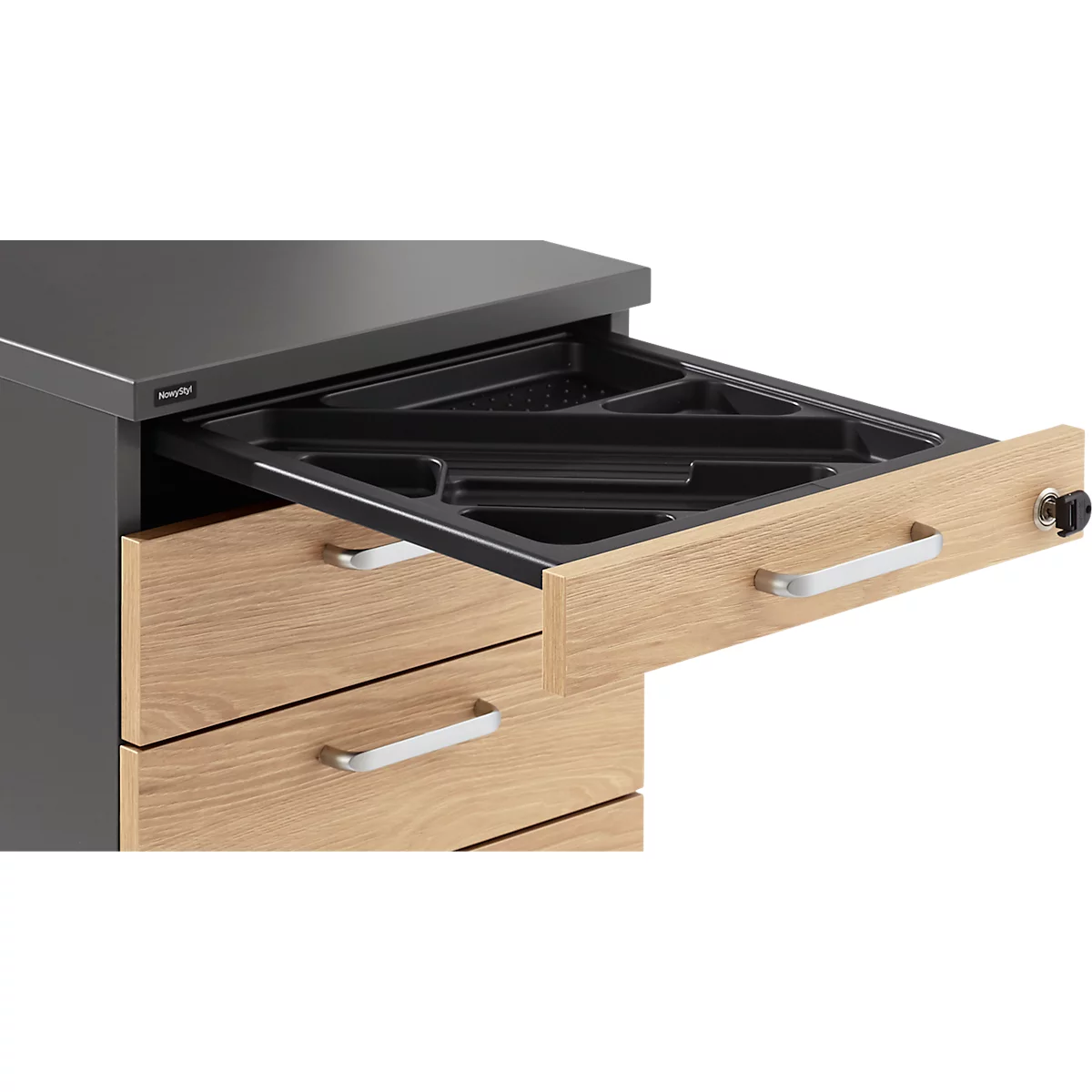 Caisson roulant BEXXSTAR, 1 tirette-plumier verrouillable &amp; 3 tiroirs, L 430 x P 800 x H 600 mm, gris foncé/décor chêne