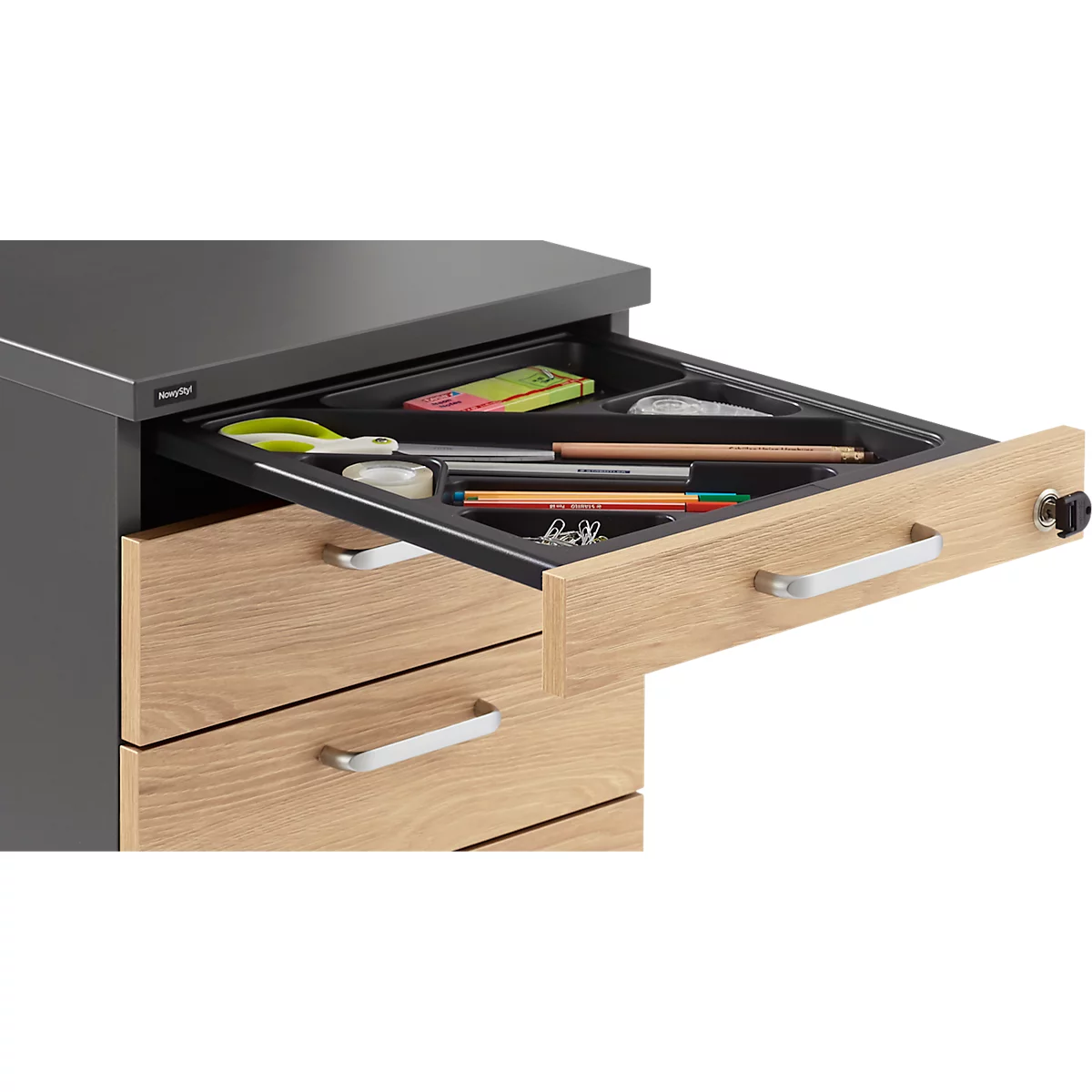Caisson roulant BEXXSTAR, 1 tirette-plumier verrouillable &amp; 3 tiroirs, L 430 x P 800 x H 600 mm, gris foncé/décor chêne