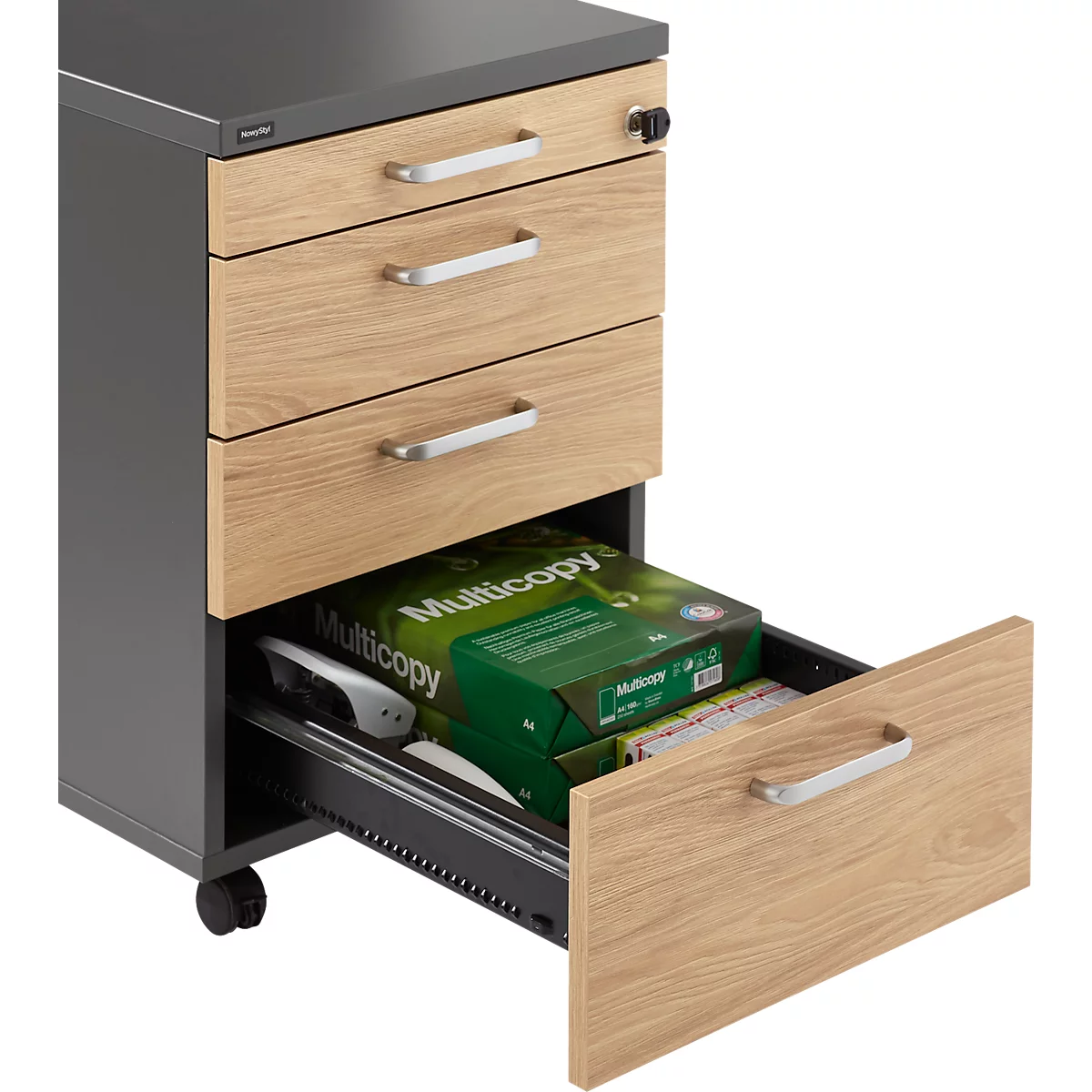 Caisson roulant BEXXSTAR, 1 tirette-plumier verrouillable &amp; 3 tiroirs, L 430 x P 800 x H 600 mm, gris foncé/décor chêne
