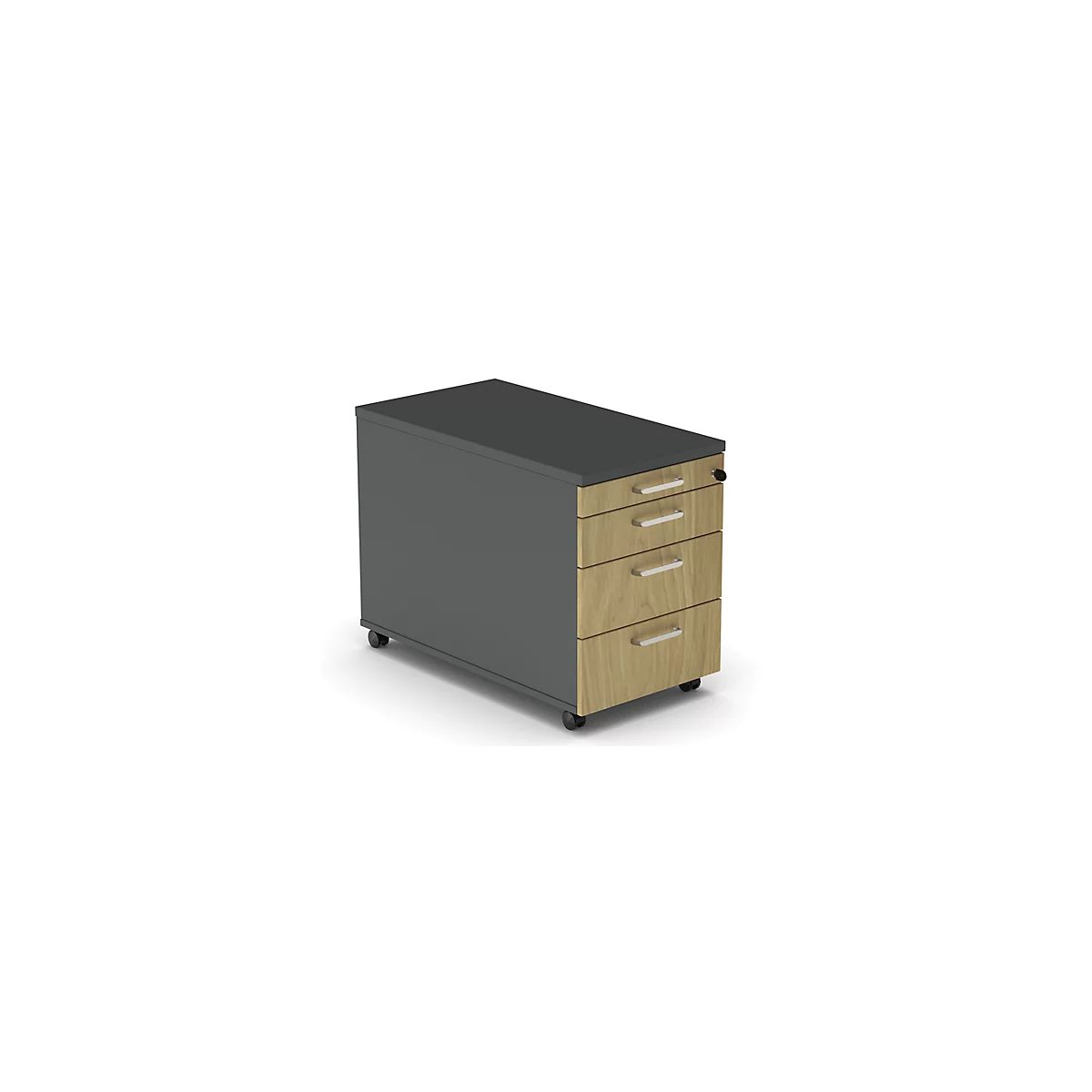 Caisson roulant BEXXSTAR, 1 tirette-plumier verrouillable &amp; 3 tiroirs, L 430 x P 800 x H 600 mm, gris foncé/décor chêne