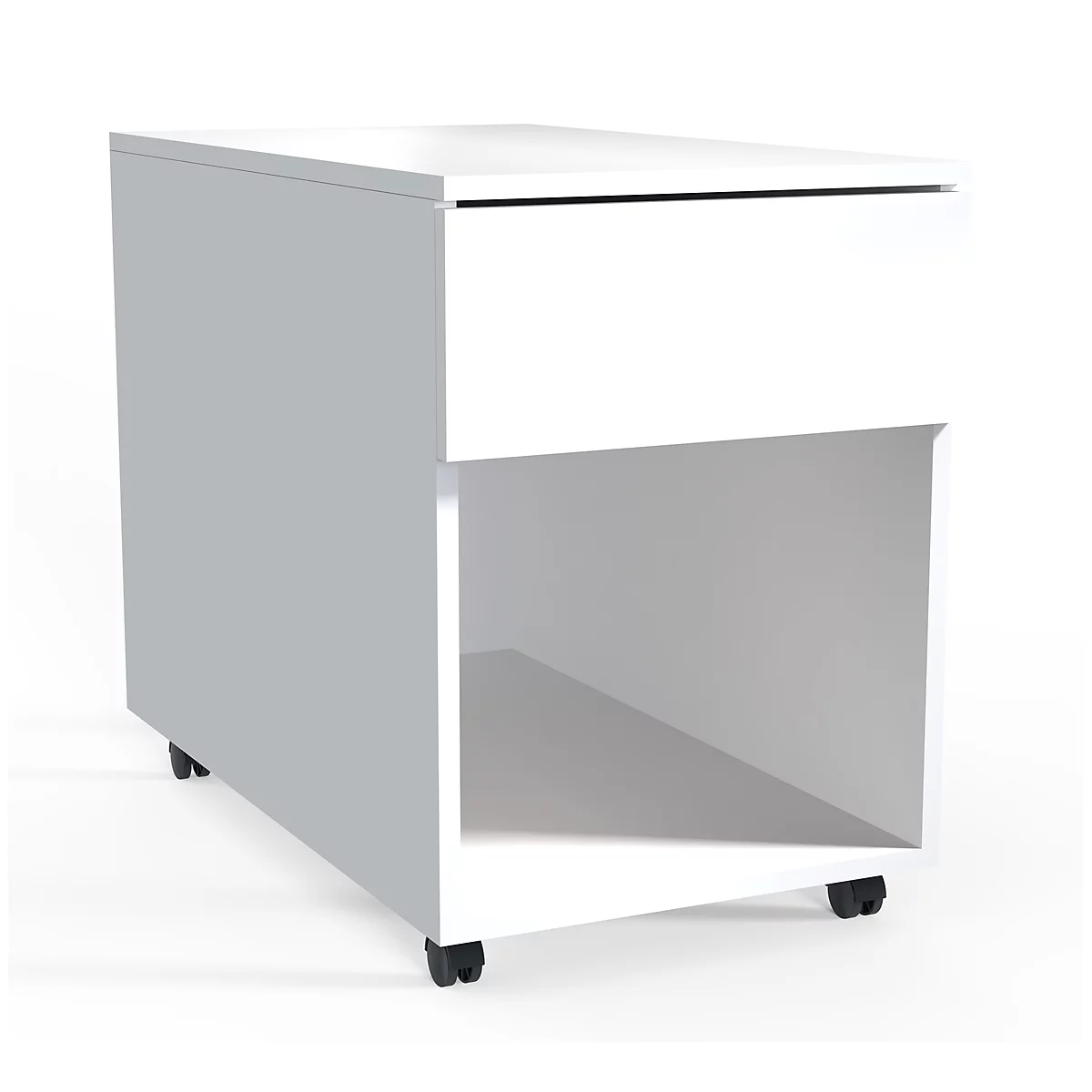 Caisson roulant Dalosa, 1 tiroir sans poignée &amp; 1 compartiment, L 390 x P 700 x H 550 mm, bois, blanc
