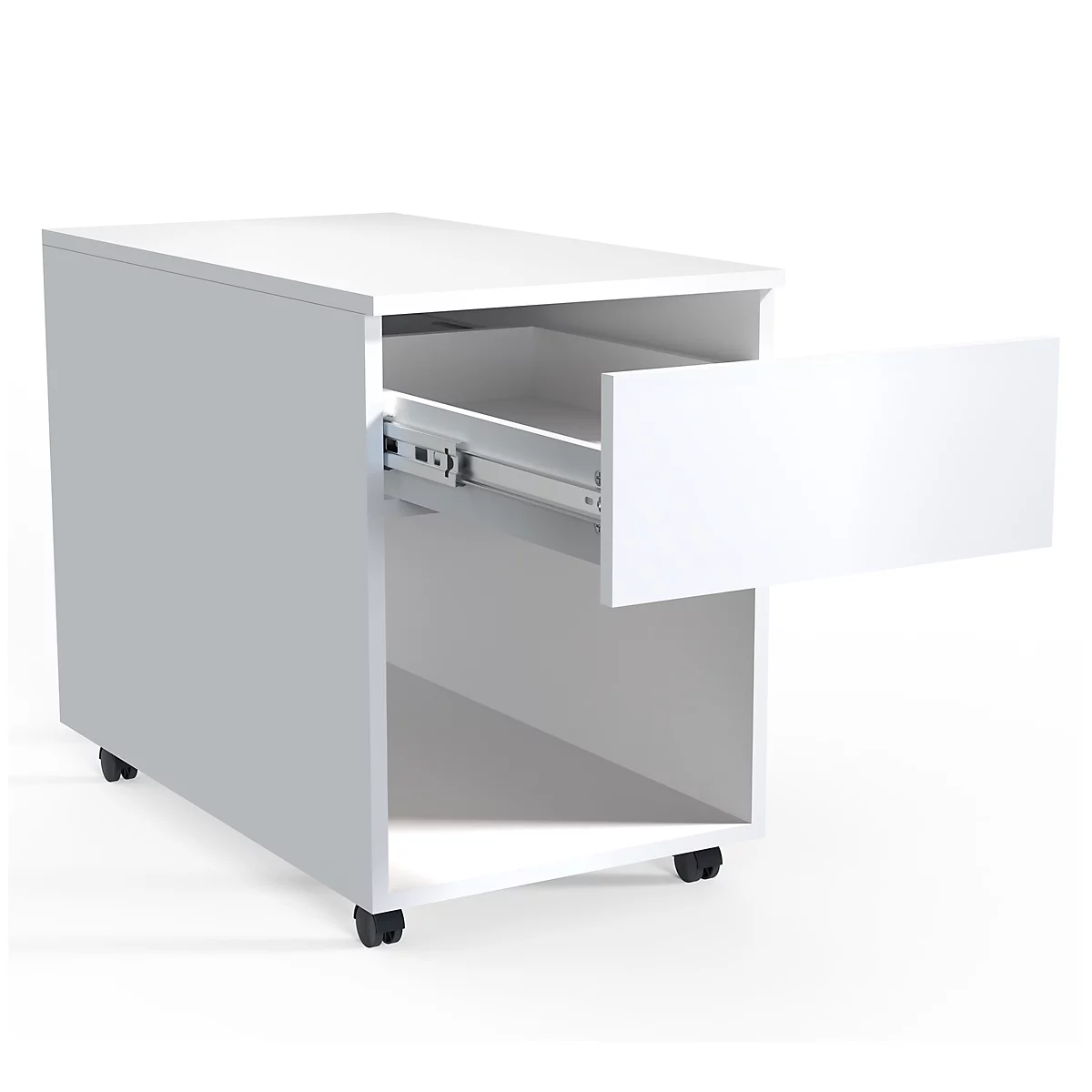 Caisson roulant Dalosa, 1 tiroir sans poignée &amp; 1 compartiment, L 390 x P 700 x H 550 mm, bois, blanc
