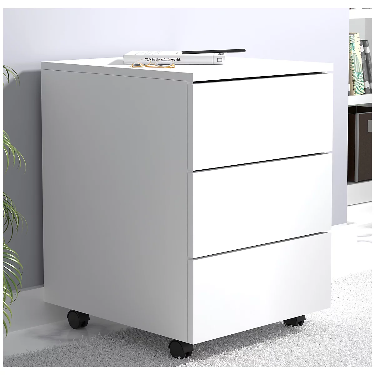 Caisson roulant Dalosa, 3 tiroirs sans poignée, L 390 x P 450 x H 550 mm, bois, blanc
