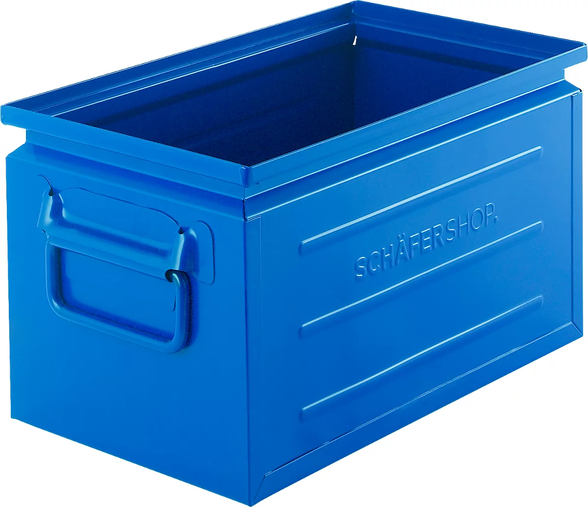 Caja apilable Schäfer Shop Select, volumen 13,4 l, 80 kg, asas plegables, L 379 x A 207 x A 200 mm, chapa de acero, azul RAL 5015
