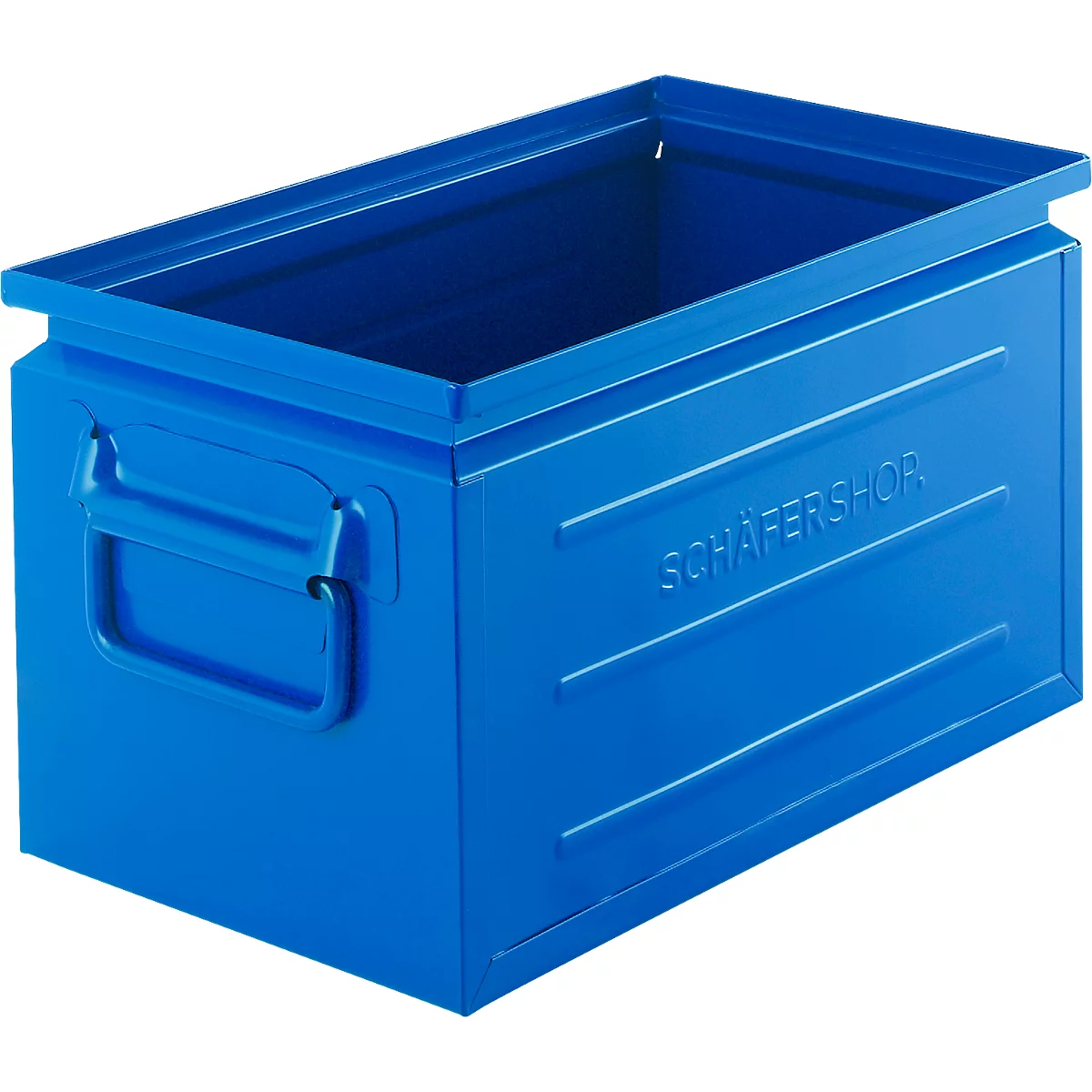 Caja apilable Schäfer Shop Select, volumen 13,4 l, 80 kg, asas plegables, L 379 x A 207 x A 200 mm, chapa de acero, azul RAL 5015