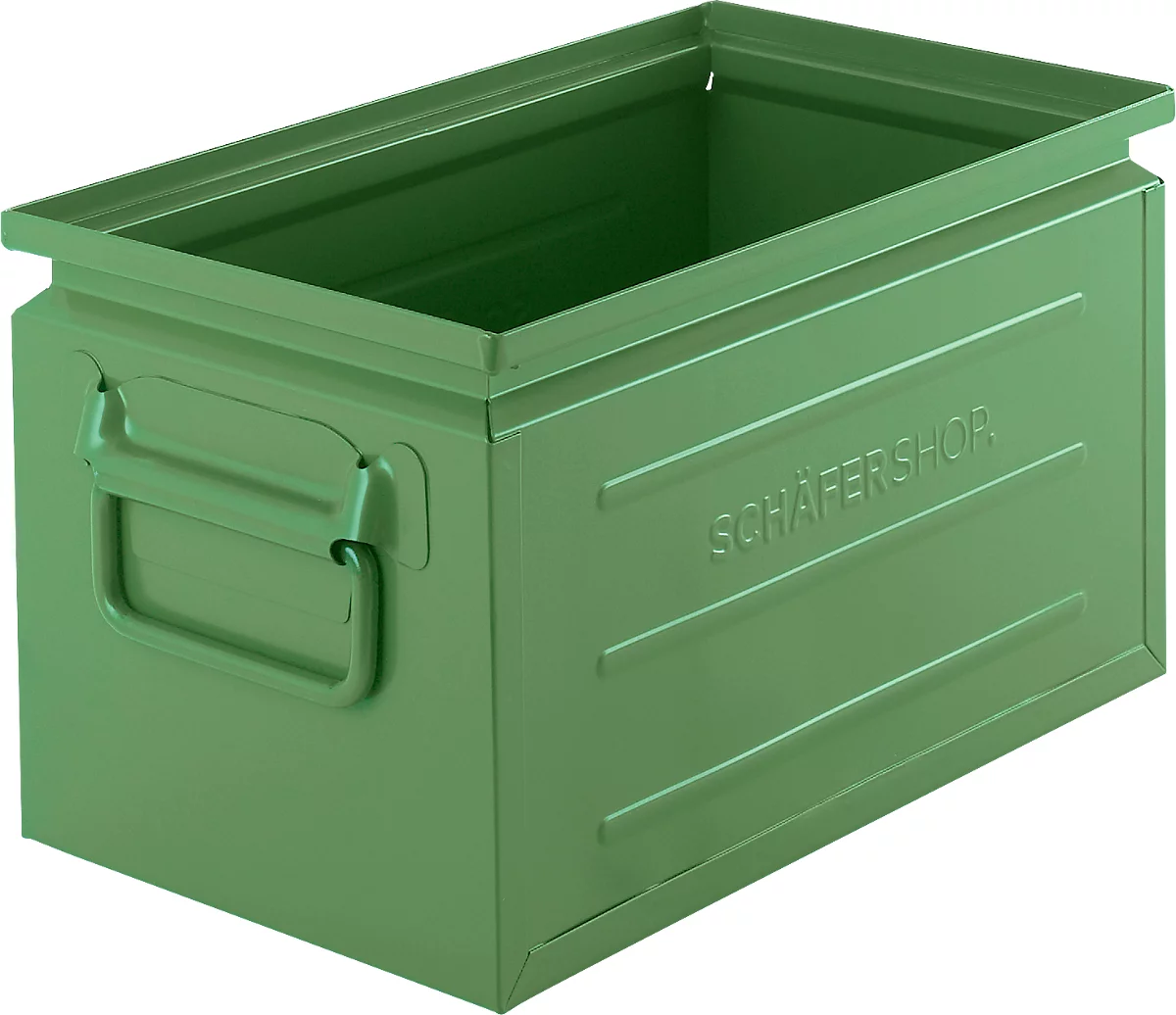 Caja apilable Schäfer Shop Select, volumen 13,4 l, 80 kg, asas plegables, L 379 x A 207 x A 200 mm, chapa de acero, verde RAL 6011