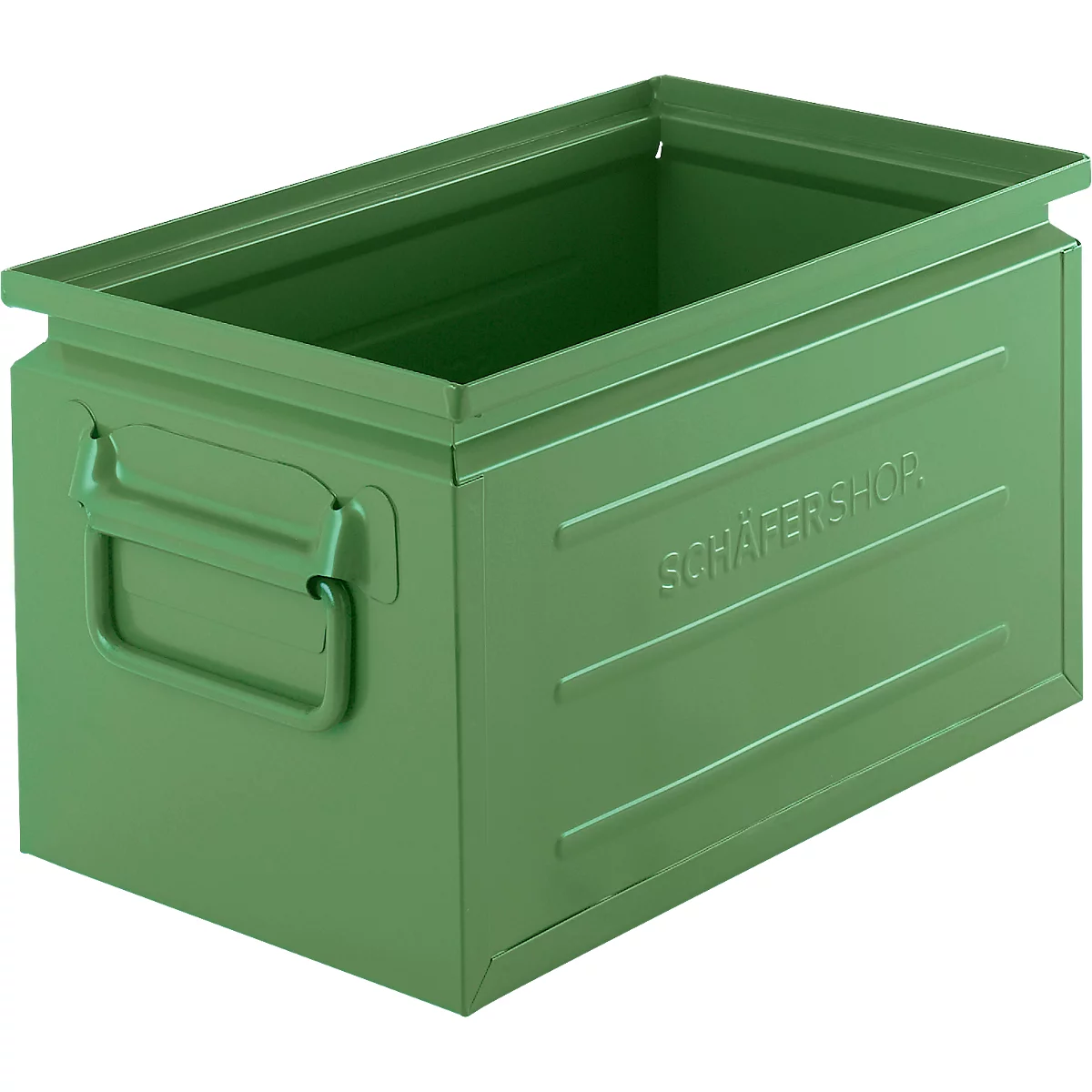 Caja apilable Schäfer Shop Select, volumen 13,4 l, 80 kg, asas plegables, L 379 x A 207 x A 200 mm, chapa de acero, verde RAL 6011