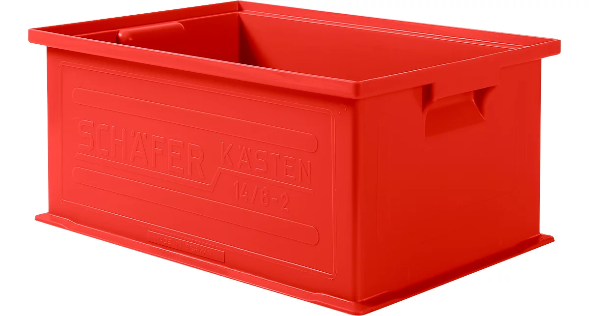 Caja apilable SSI Schaefer serie 14/6-2, volumen 21 l, hasta 30 kg, asa empotrada y portaetiquetas, polipropileno, rojo, 10 unidades.