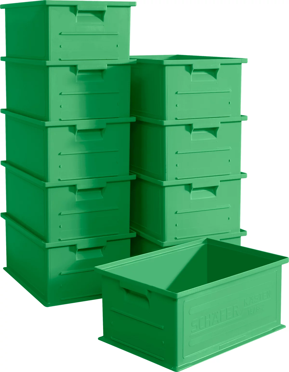 Caja apilable SSI Schäfer Serie 14/6-2, volumen 21 l, hasta 30 kg, asas encastradas y portaetiquetas, polipropileno, verde, 10 unidades