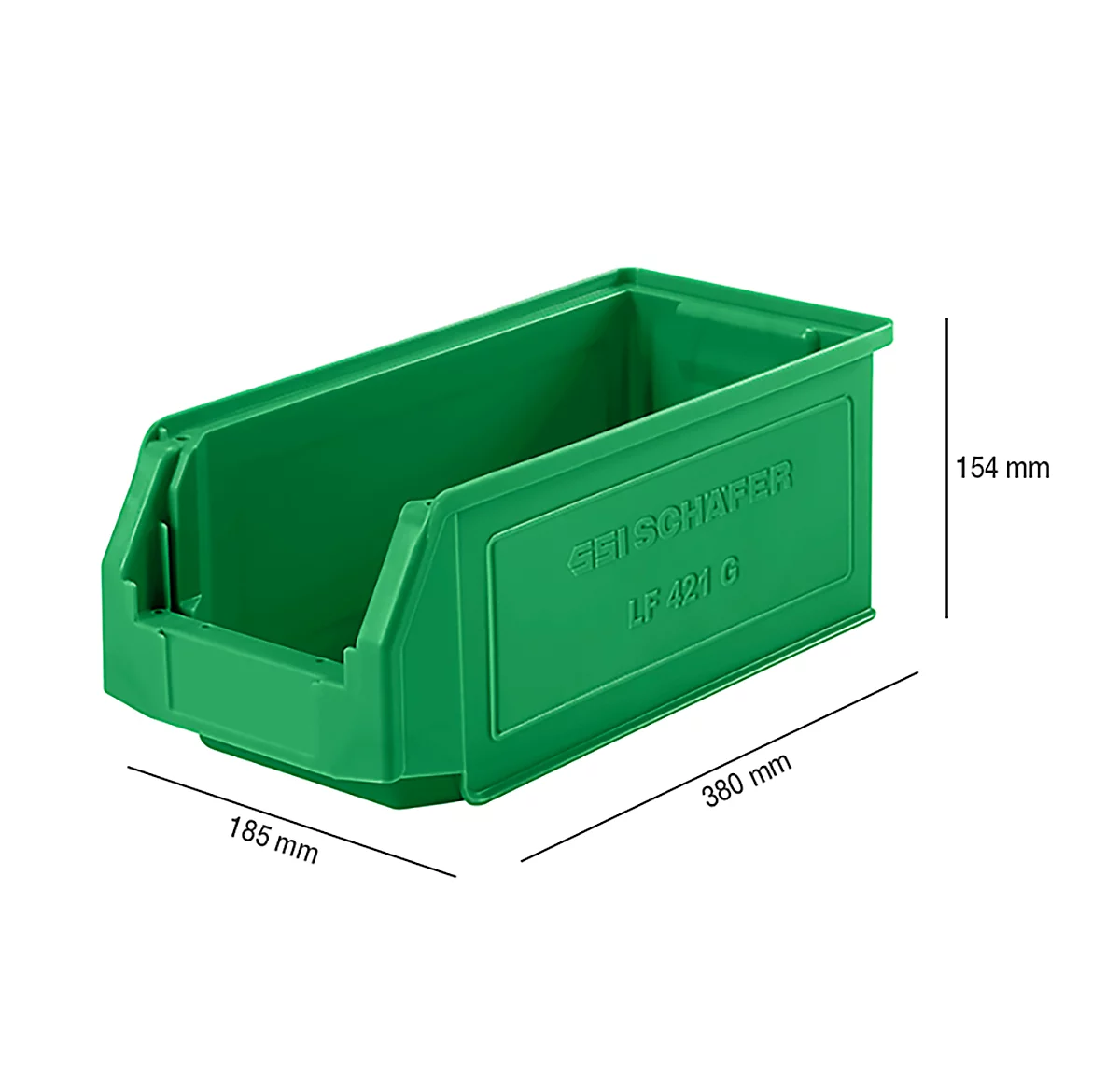 Caja con abertura frontal SSI Schäfer LF 421, polipropileno, L 380 x An 185 x Al 154 mm, 7,8 l, verde