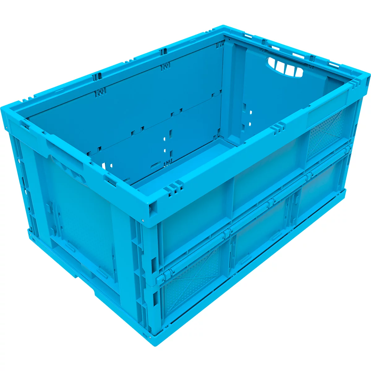 Caja de plástico azul claro, abierta con asas, sobre fondo blanco.