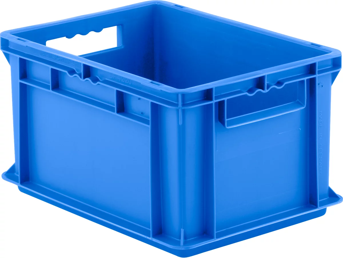 Caja con dimensiones norma europea EF 4220, L 400 x An 300 x Al 220 mm, capacidad 20,4 l, capacidad de carga 15 kg, apilable, polipropileno, azul