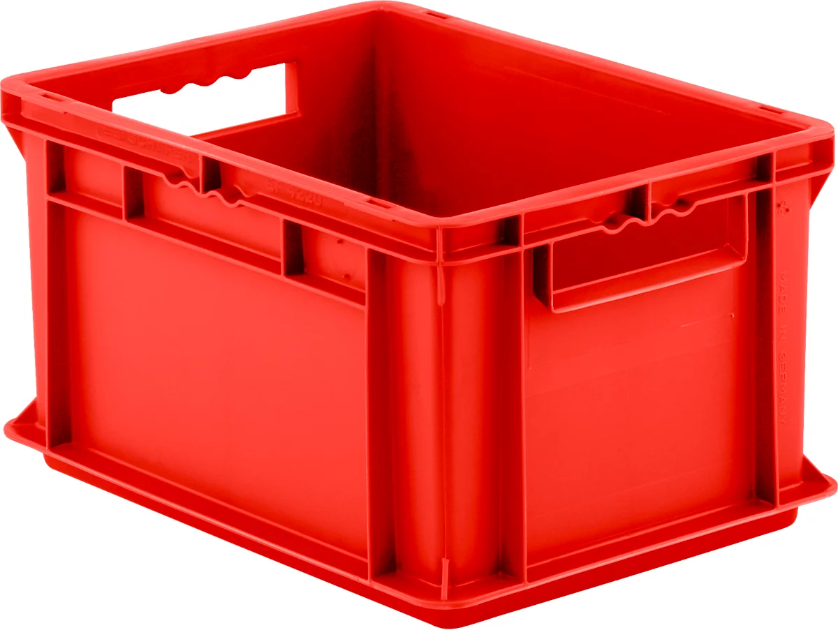 Caja con dimensiones norma europea EF 4220, L 400 x An 300 x Al 220 mm, capacidad 20,4 l, capacidad de carga 15 kg, apilable, polipropileno, rojo