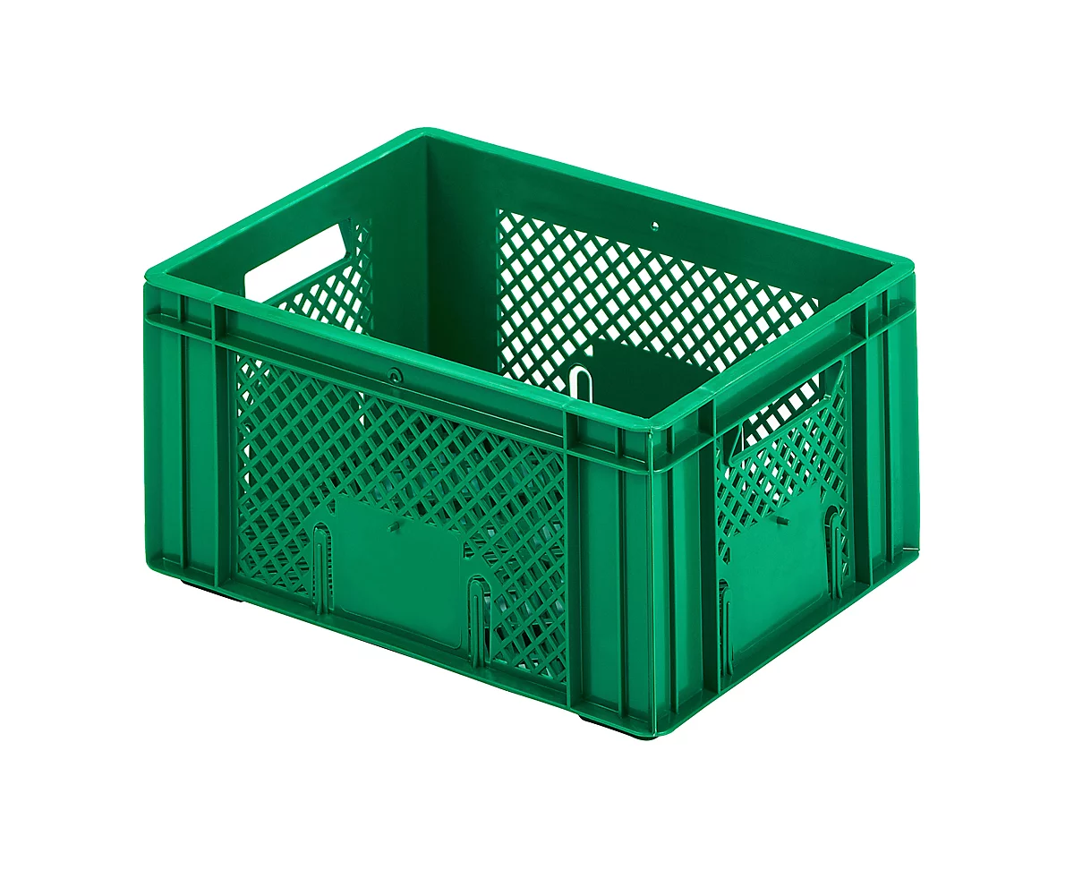 Caja con dimensiones norma europea, L 400 x An 300 mm, sin tapa, capacidad 16 l, verde