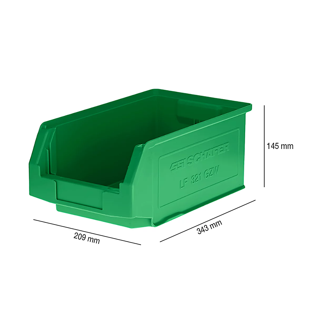Caja de almacenamiento verde con texto y dimensiones: 209 mm, 343 mm, 145 mm.