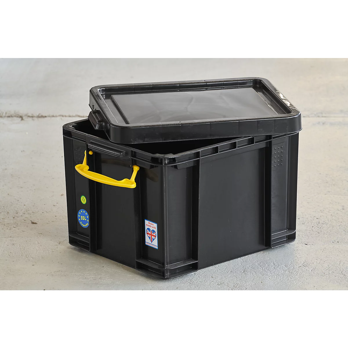 Caja de almacenaje Really Useful Boxes, 35 l, negro, asas amarillas