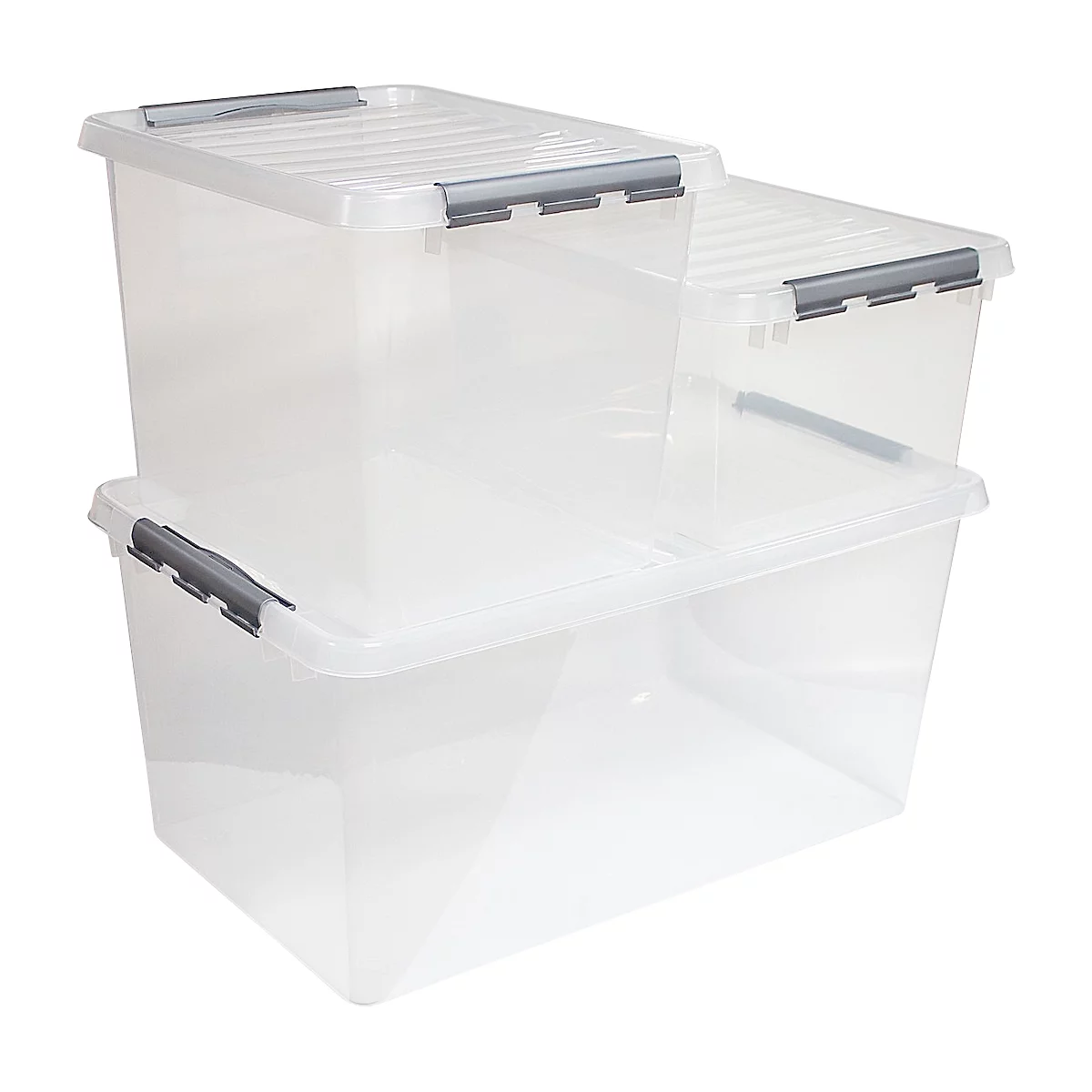 Caja de almacenaje Sunware Q-LINE, clips de cierre, transparente, apilable, 120 l, L 800 x A 500 x A 380 mm, gris