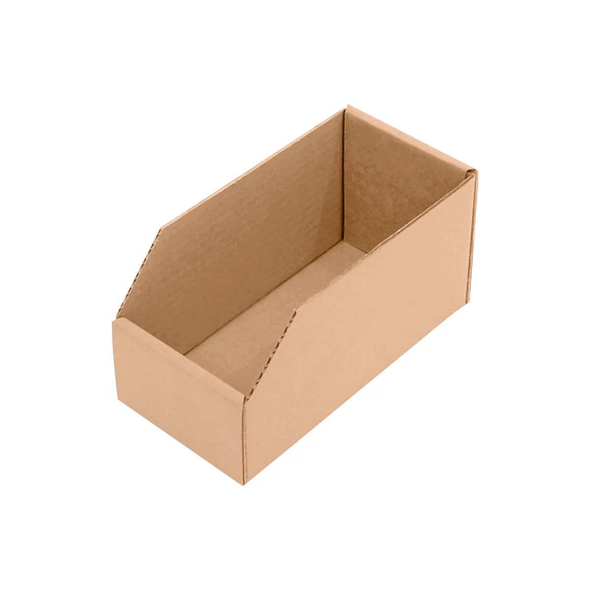 Una caja de cartón marrón con la parte frontal inclinada, vista superior.