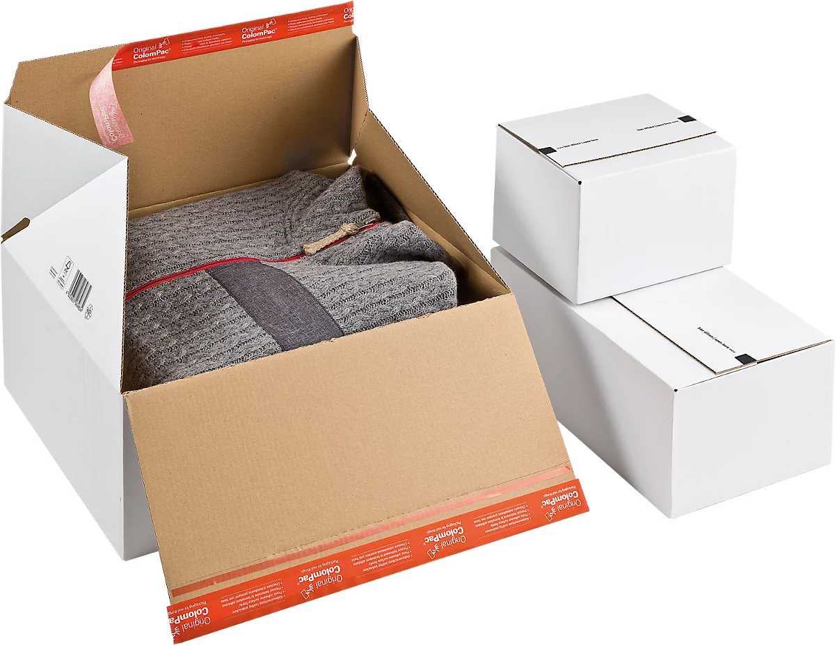 Caja de cartón con fondo flash ColomPac CP 155.155, ancho 189 x fondo 154 x alto 131 mm, plegado en Z, cierre autoadhesivo, blanco, 20 unidades