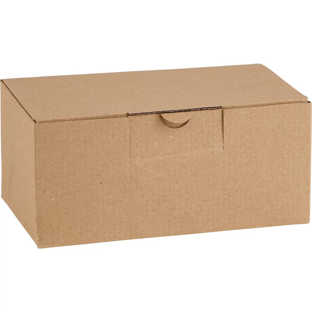 Caja de cartón marrón. Tapa con hueco semicircular para abrir.