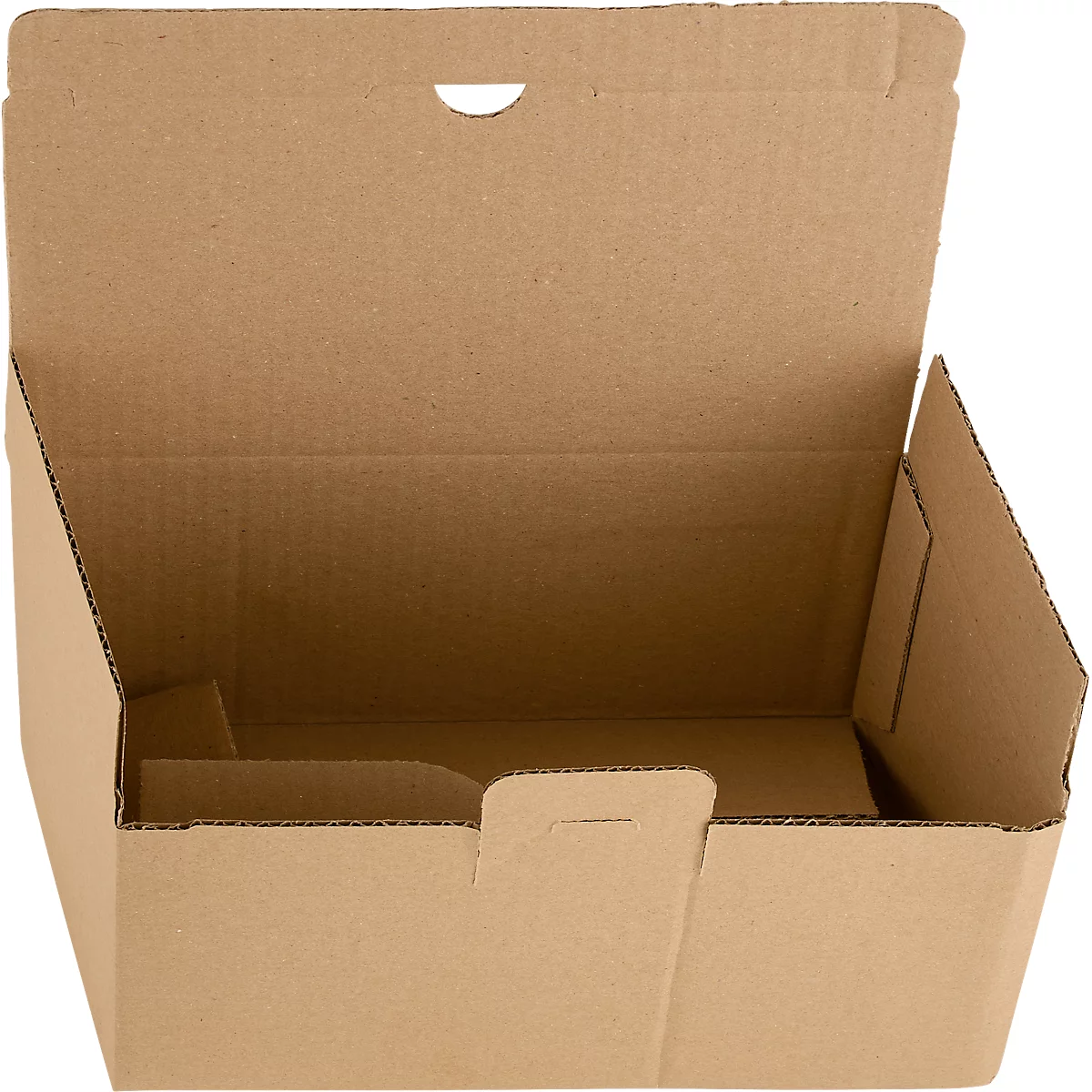 Caja de cartón marrón abierta con asa y recorte.