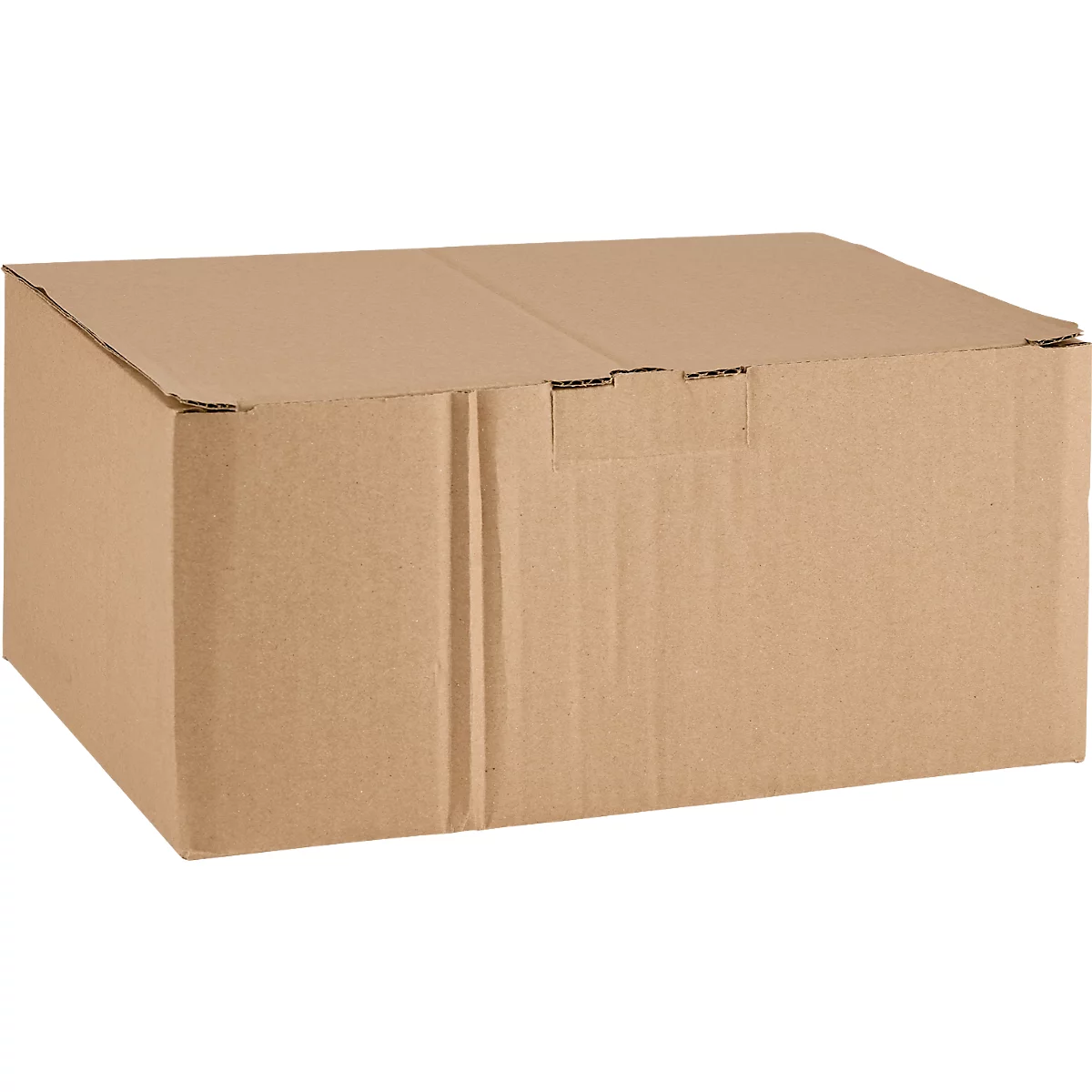 Caja de cartón marrón. La tapa está cerrada.