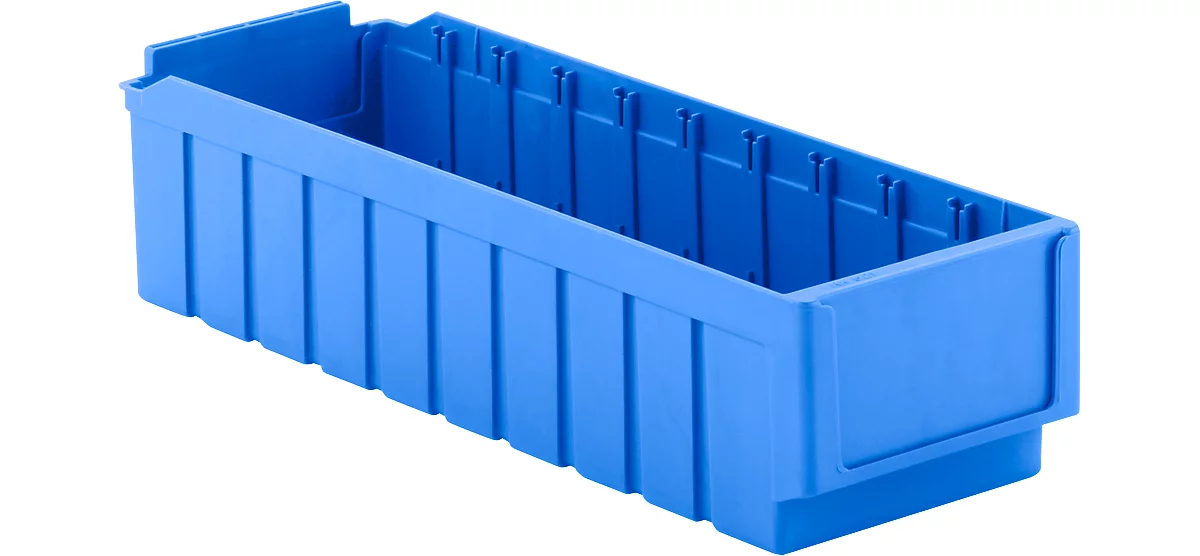 Caja de estantería SSI Schäfer RK 521, para estantería de 500 mm de profundidad, divisible en 10 compartimentos, portaetiquetas, cerrada, L 508 x A 162 x A 115 mm, PS, azul