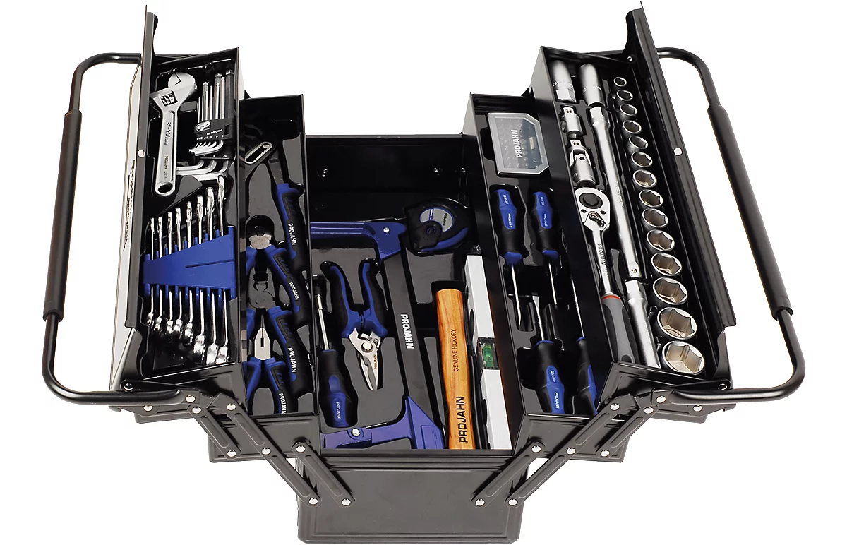 Caja de herramientas Projahn, con 84 herramientas, métrica, asas de arco plegables