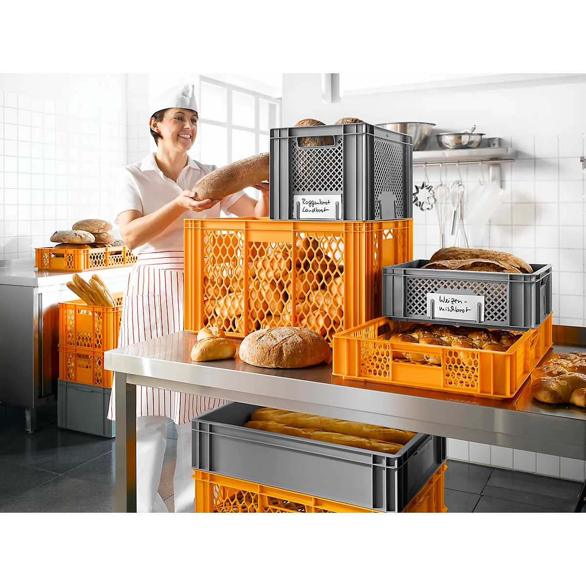 Caja de panadería Euro Box, apta para alimentos, capacidad 79,8 litros, versión calada, amarillo-naranja