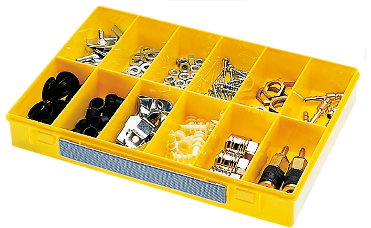 Caja de surtido modelo 12, 12 compartimentos, ancho 335 x fondo 225 x alto 55 mm, poliestireno, amarillo 